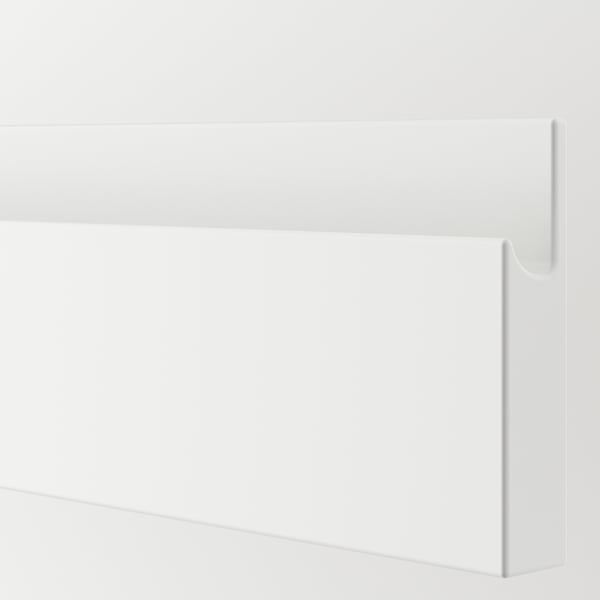 Minimalist, white drawer front with smooth, integrated handles for modern look.