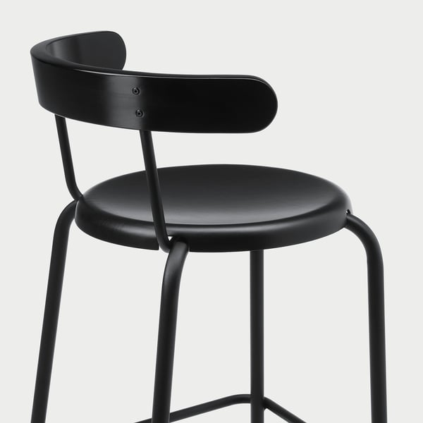 Black modern bar stool with curved backrest and round seat, sturdy steel legs.
