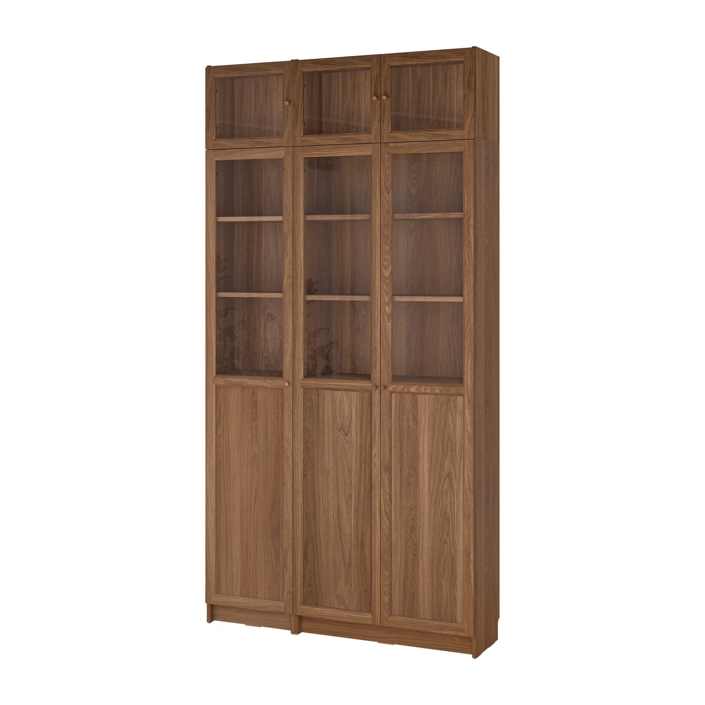 IKEA BILLY / OXBERG bokhylla m överhylla/panel-/vdörrar, brun valnötsmönstrad/klarglas, 120x30x237 cm