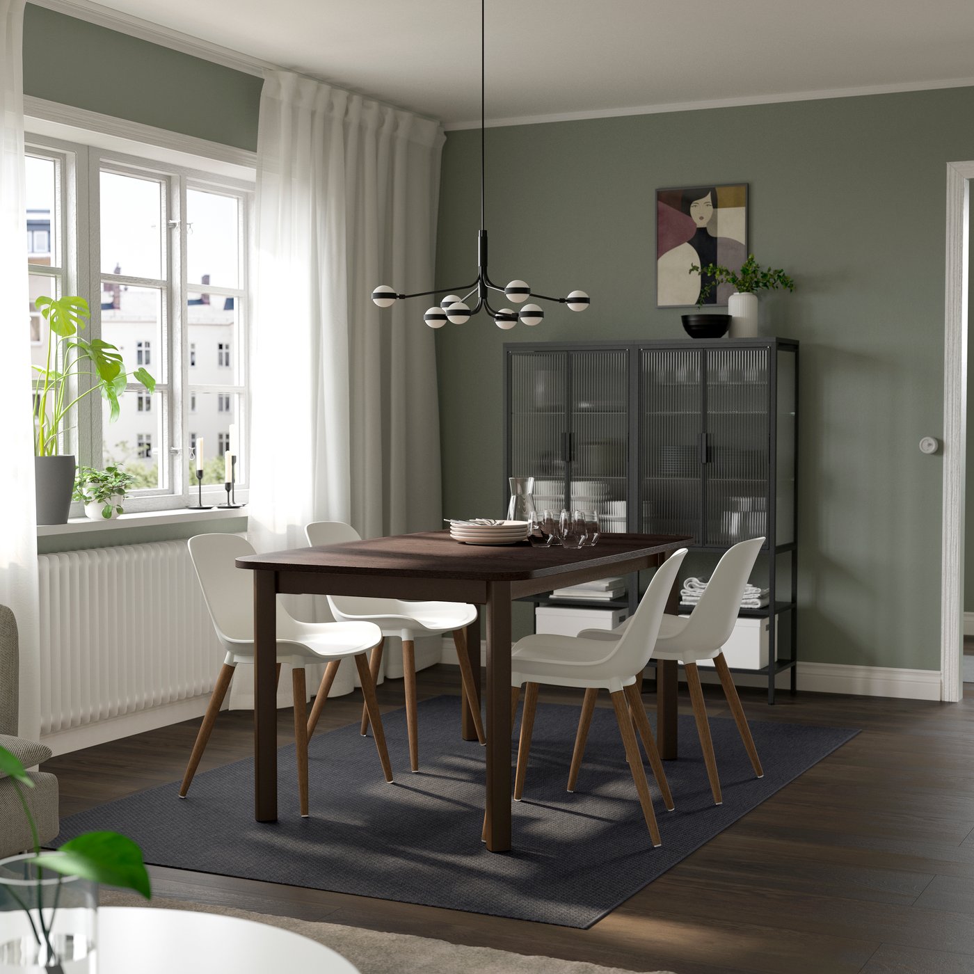 IKEA STRANDTORP / GRÖNSTA bord och 4 stolar, brun/vit, 150/205/260 cm