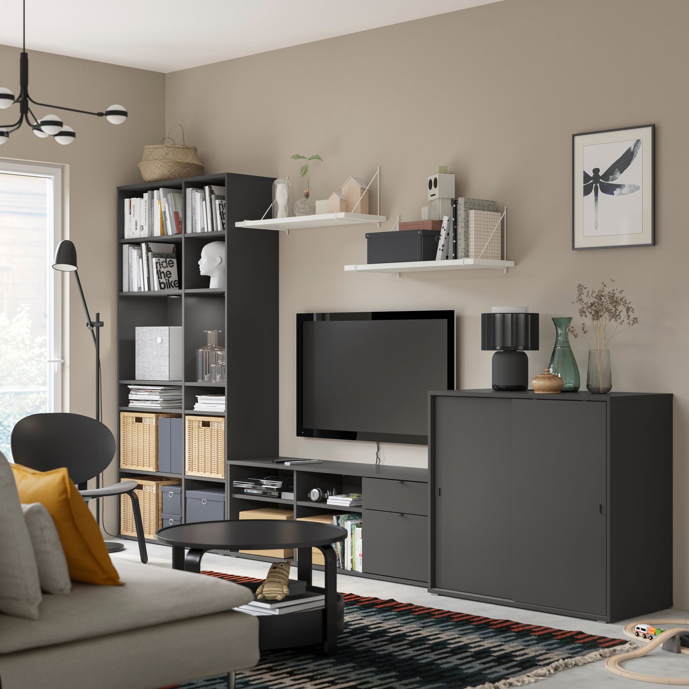 IKEA VIHALS tv-/förvaringskombination, mörkgrå, 337x47x200 cm