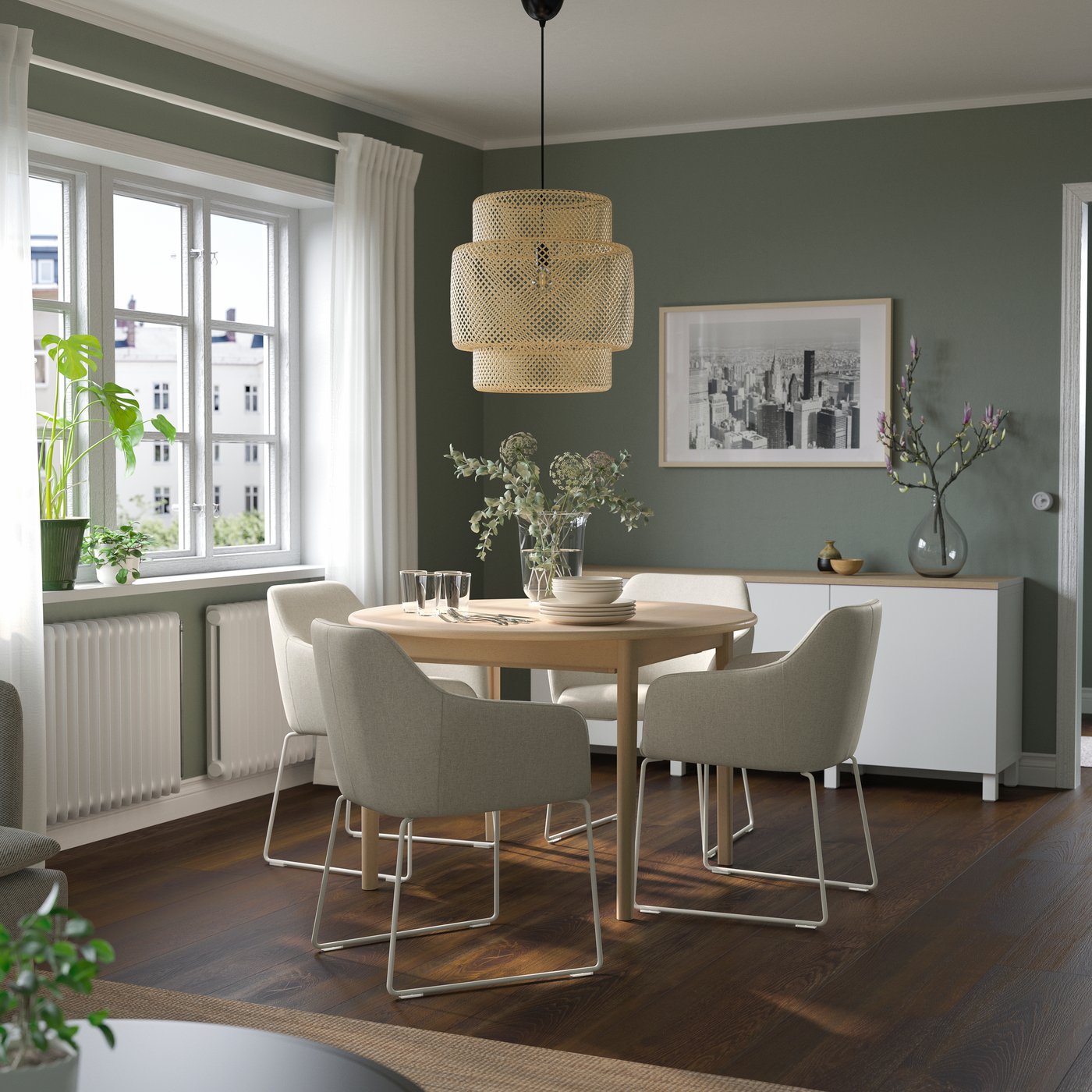IKEA SKANSNÄS / TOSSBERG bord och 4 stolar, ljus bok faner/vit gunnared beige, 115/170 cm
