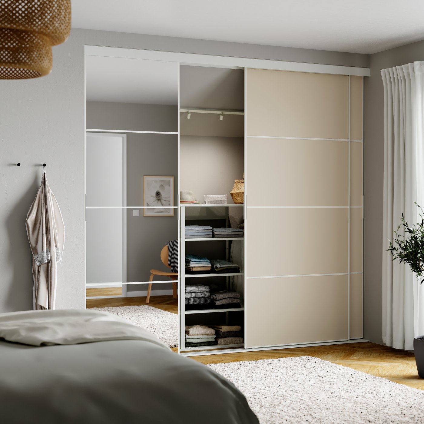 IKEA SKYTTA / MEHAMN/AULI skjutdörrskombination, vit dubbelsidig/gråbeige spegelglas, 251x240 cm
