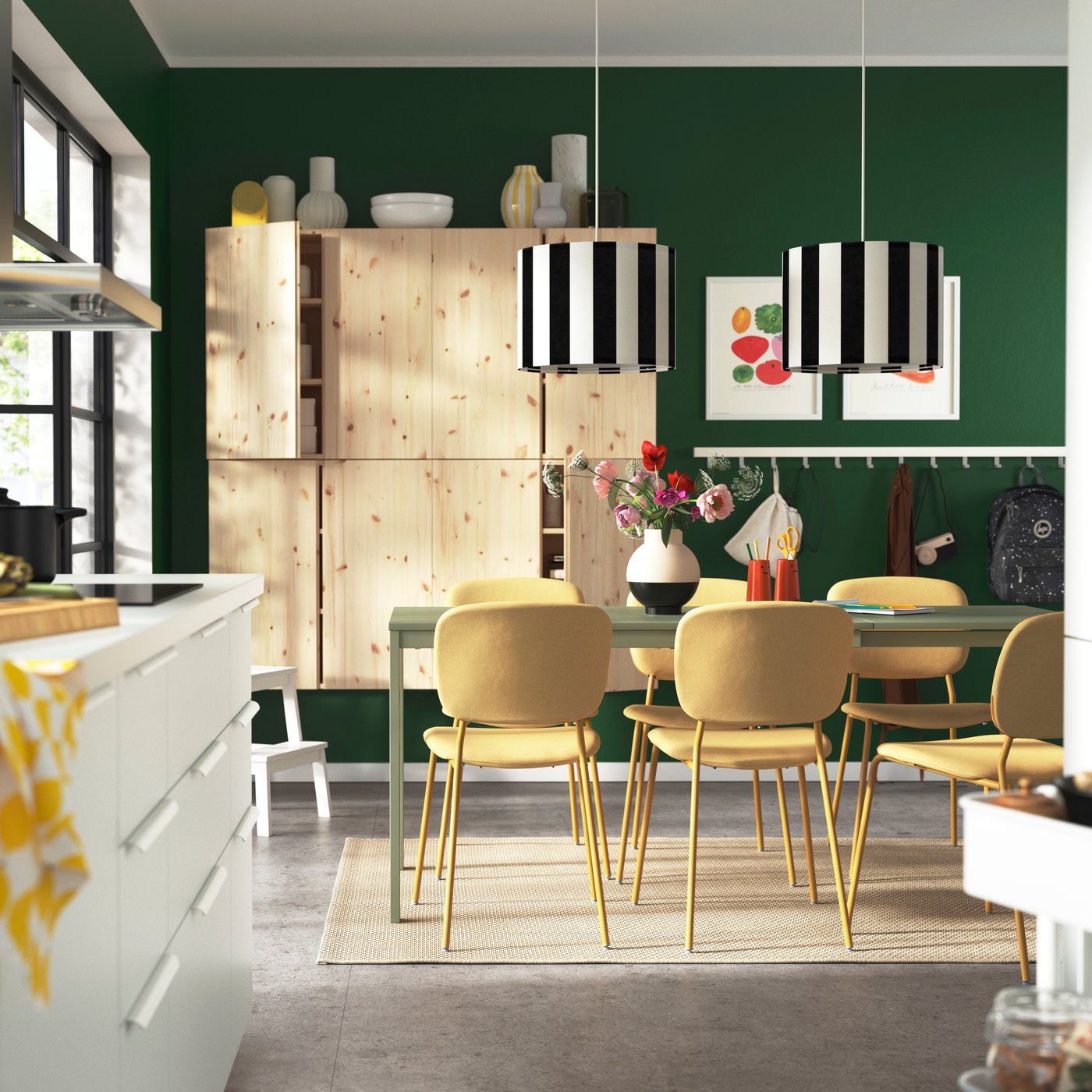 IKEA VIHALS / bord och 6 stolar, grön/gul tibbleby gul, 120/180x74 cm