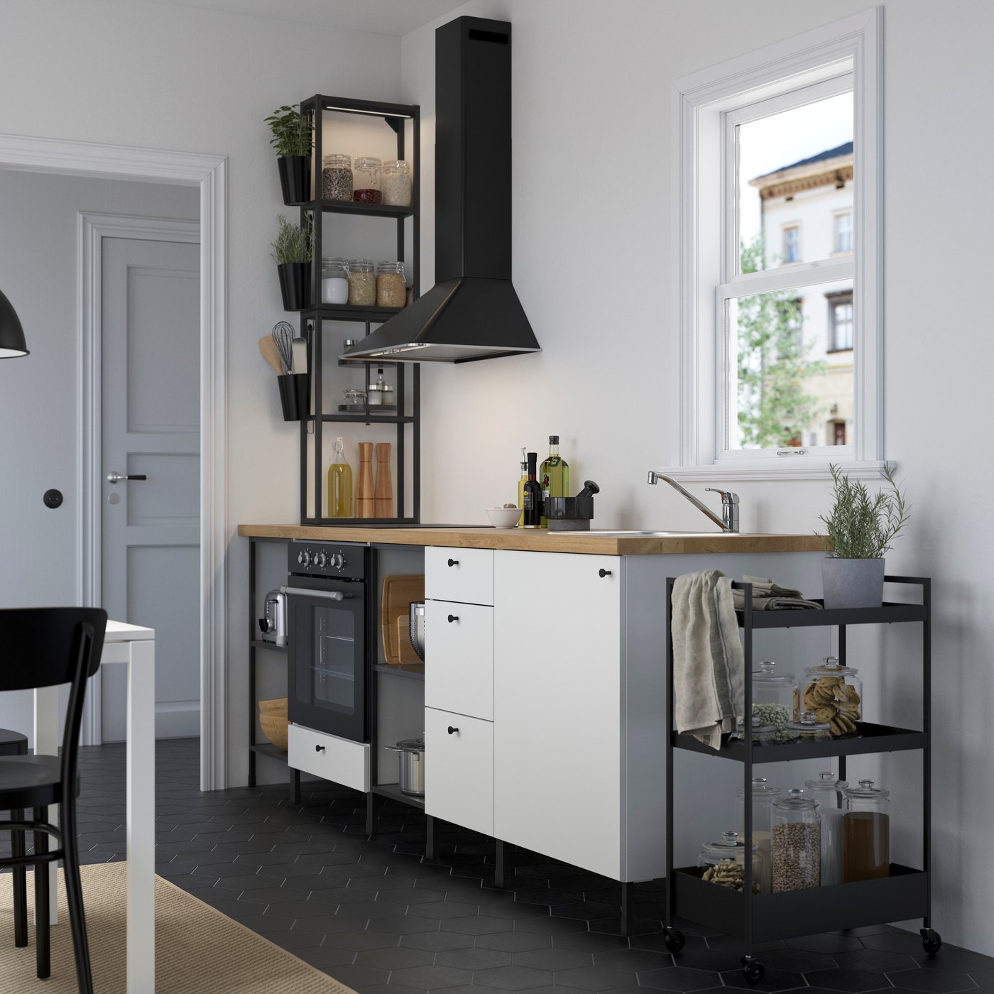 IKEA ENHET kök, antracit/vit, 243x63.5x241 cm