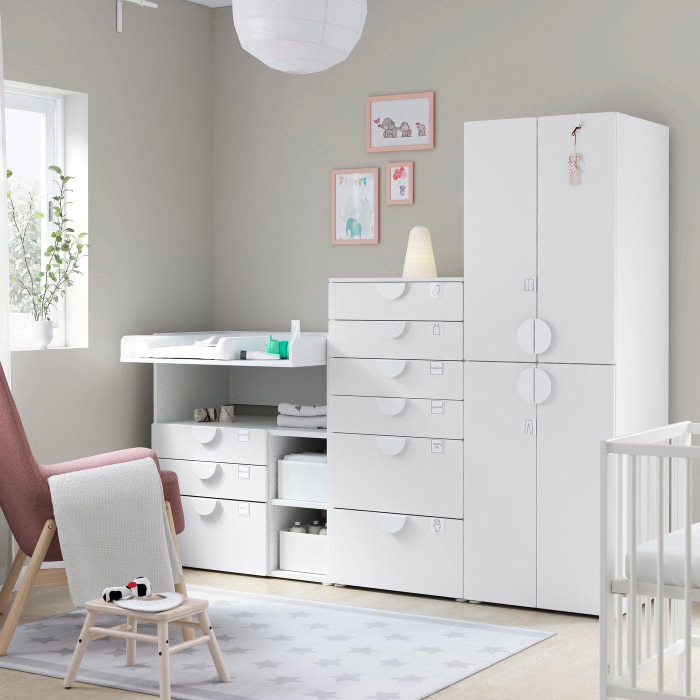 IKEA SMÅSTAD / PLATSA förvaringskombination, vit vit/med skötbord, 210x79x181 cm