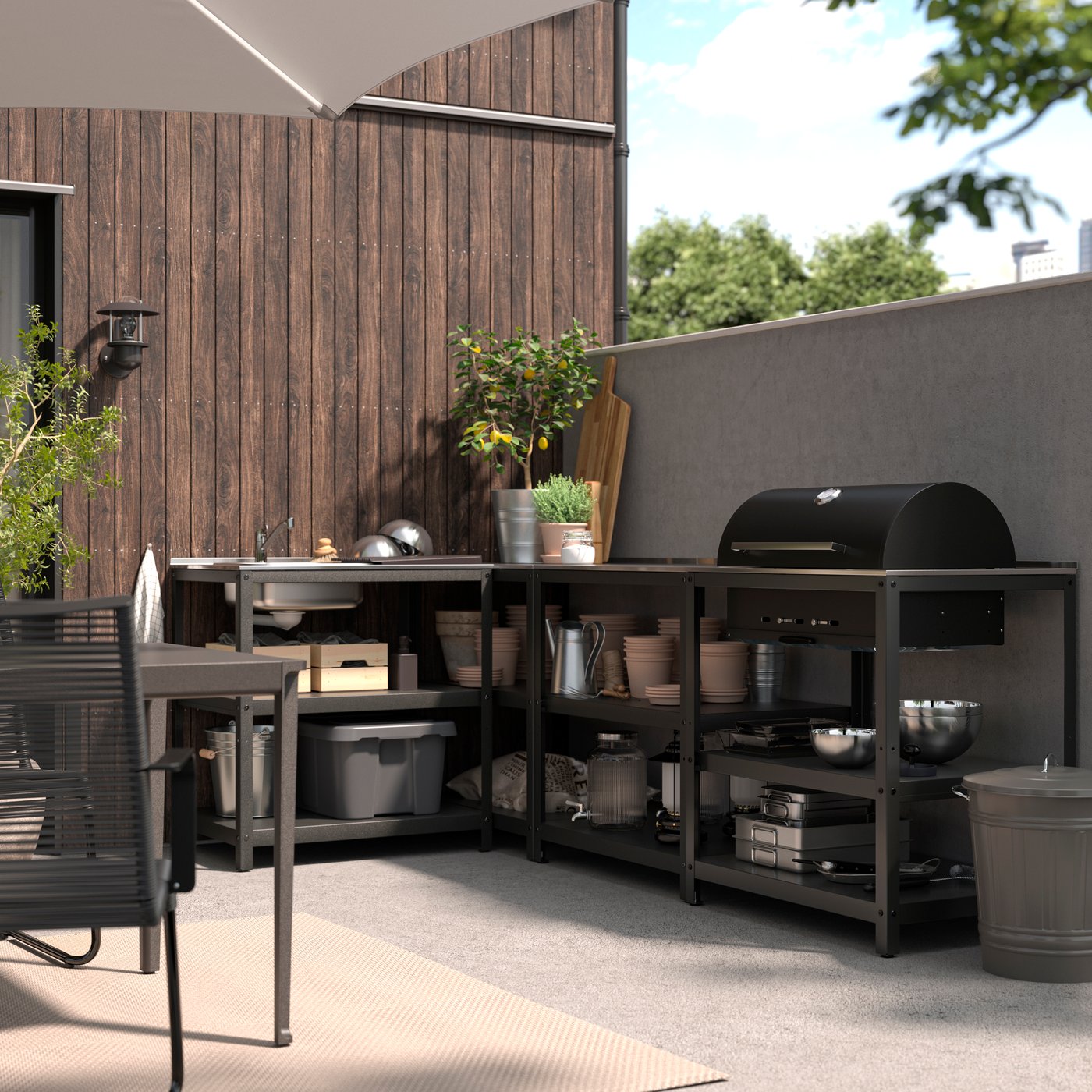IKEA GRILLSKÄR kök med diskb.enh/kolgr, utomhus, rostfritt stål, 258x147 cm
