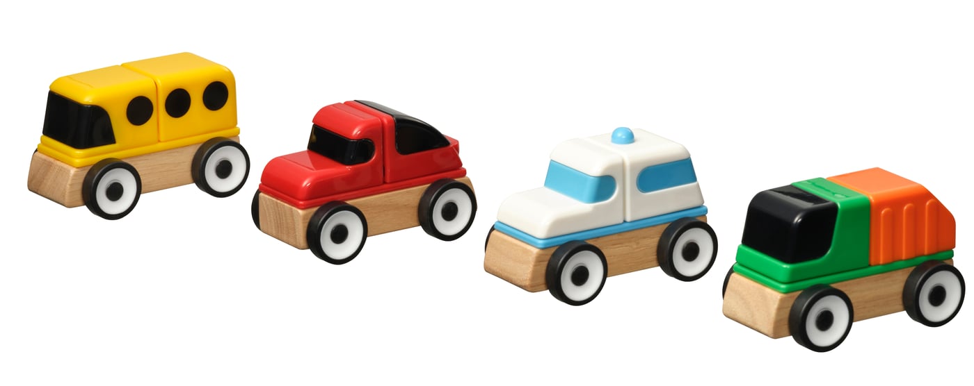 IKEA LILLABO fordonsset, 4 delar, sportbil/skolbuss återvinningsbil/polisbil/flerfärgad