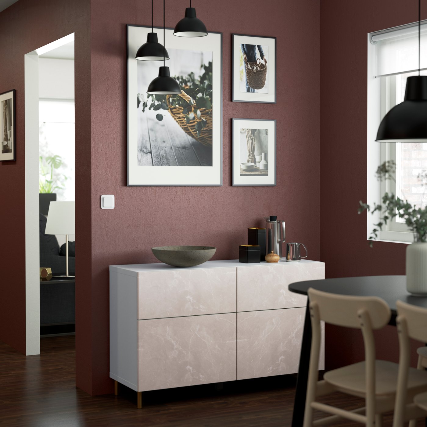 IKEA BESTÅ förvaringskombination+dörrar/lådor, vit bergsviken/ösarp/beige marmormönstrad, 120x42x74 cm
