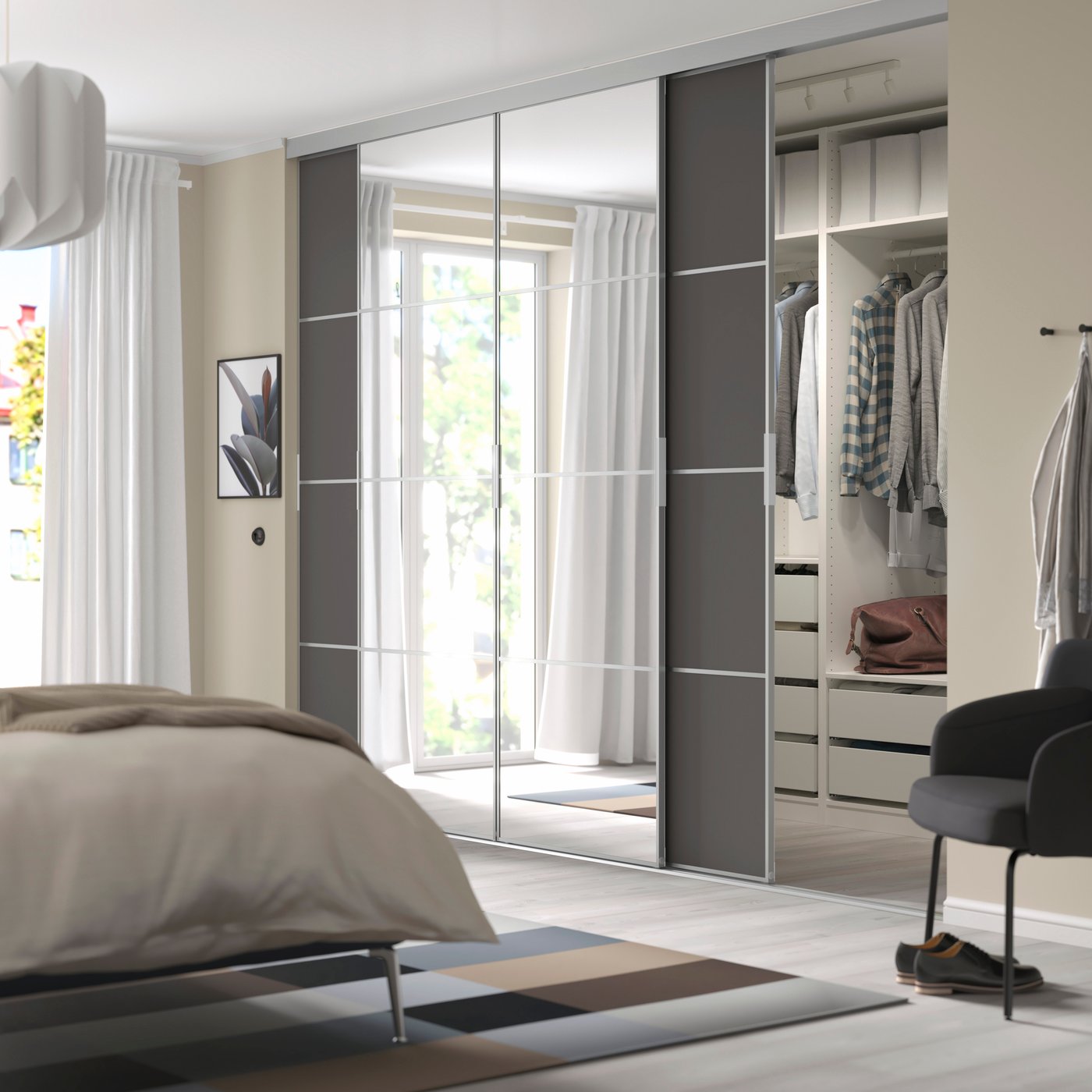 IKEA SKYTTA / MEHAMN/AULI skjutdörrskombination, aluminium/mörkgrå spegelglas, 301x240 cm