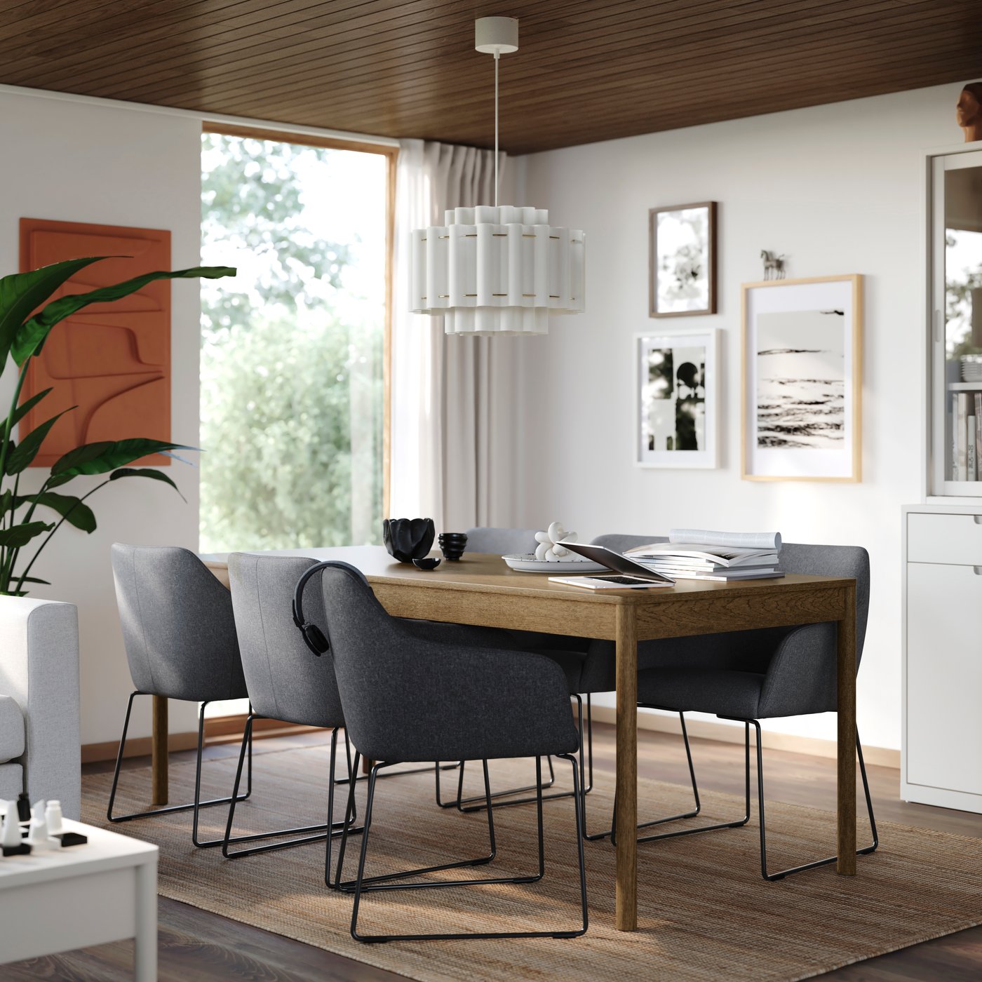 IKEA TONSTAD / TOSSBERG bord och 6 stolar, brun ekfaner/gunnared mörkgrå svart, 200x85 cm