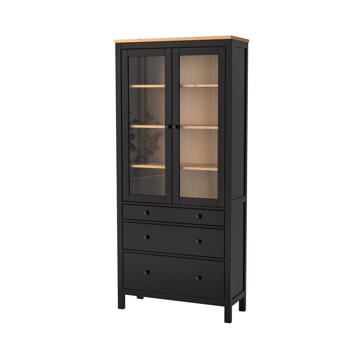 IKEA HEMNES vitrinskåp med 3 lådor, svartbrun/ljusbrun, 90x197 cm