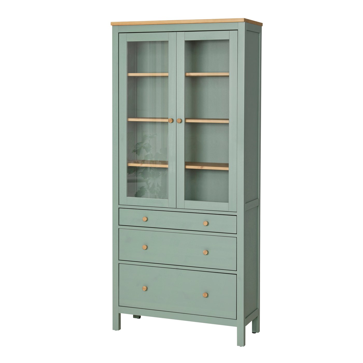 IKEA HEMNES vitrinskåp med 3 lådor, grågrön/ljusbrunlaserad, 90x197 cm