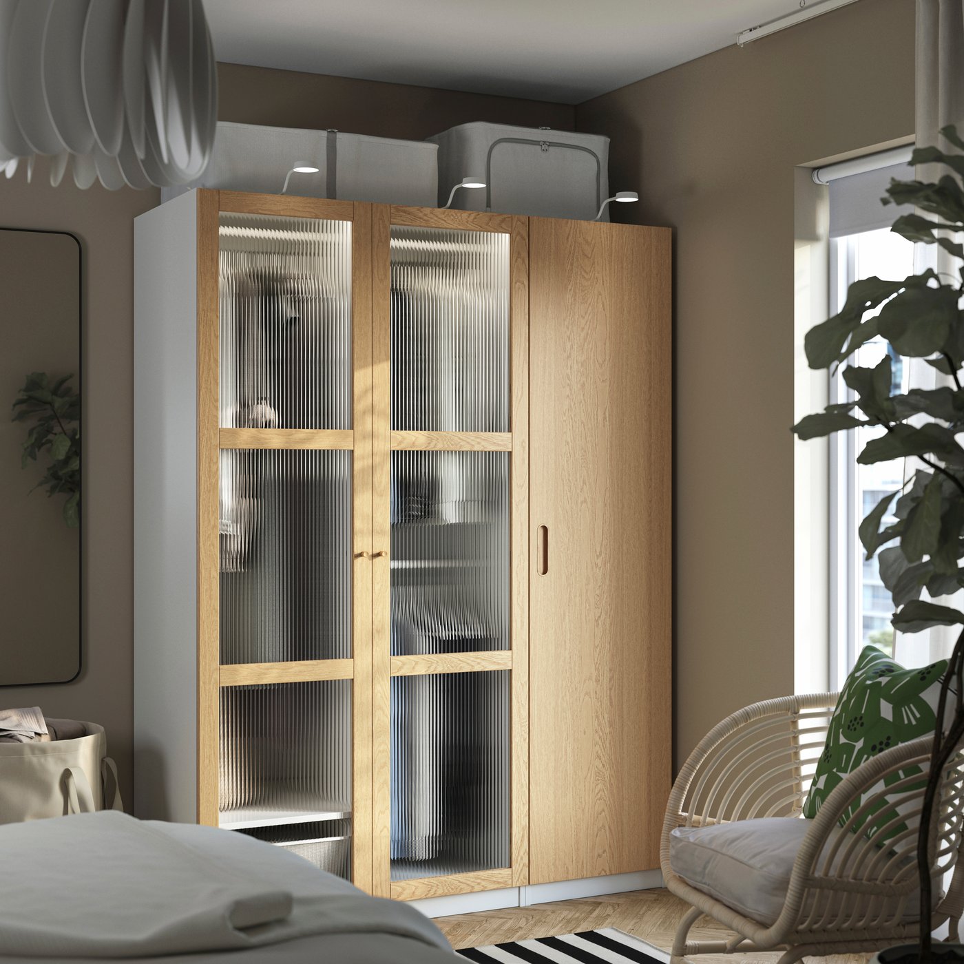 IKEA PAX / TONSTAD garderobskombination, vit/ekfaner glas, 150x60x201 cm