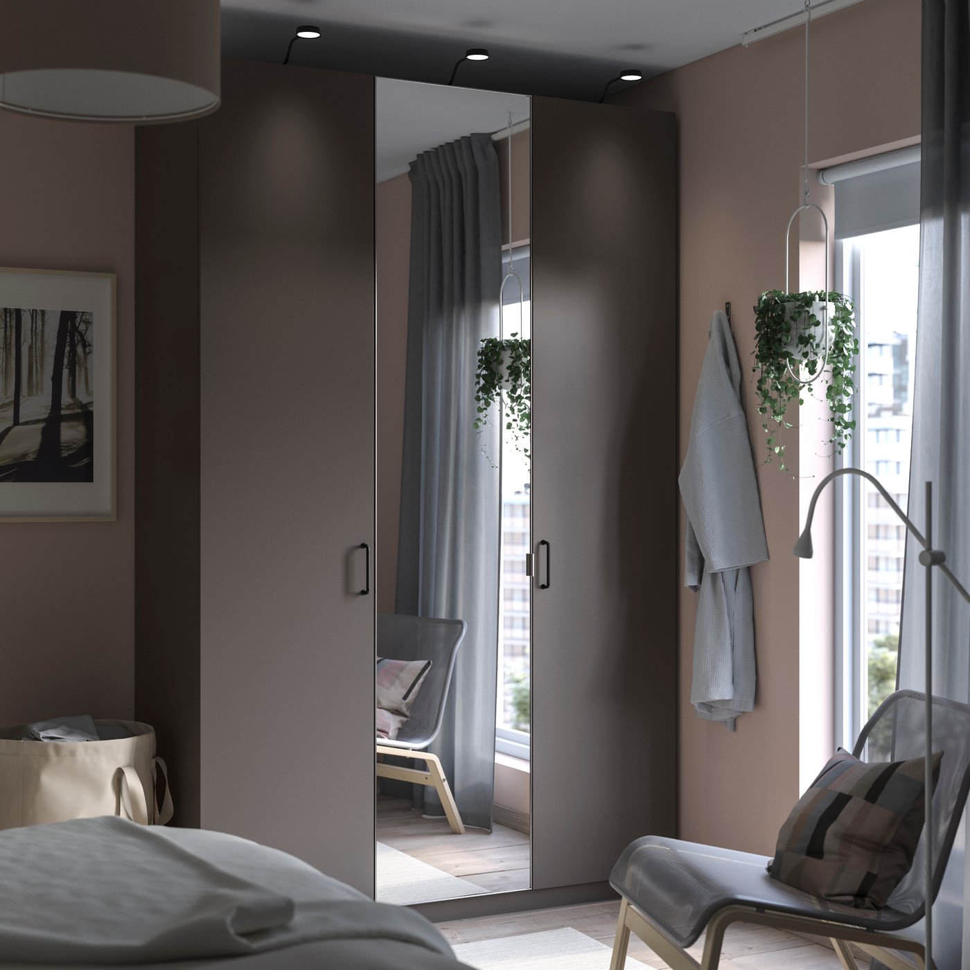IKEA PAX / FORSAND/ÅHEIM garderobskombination, mörkgrå/spegelglas, 150x60x236 cm