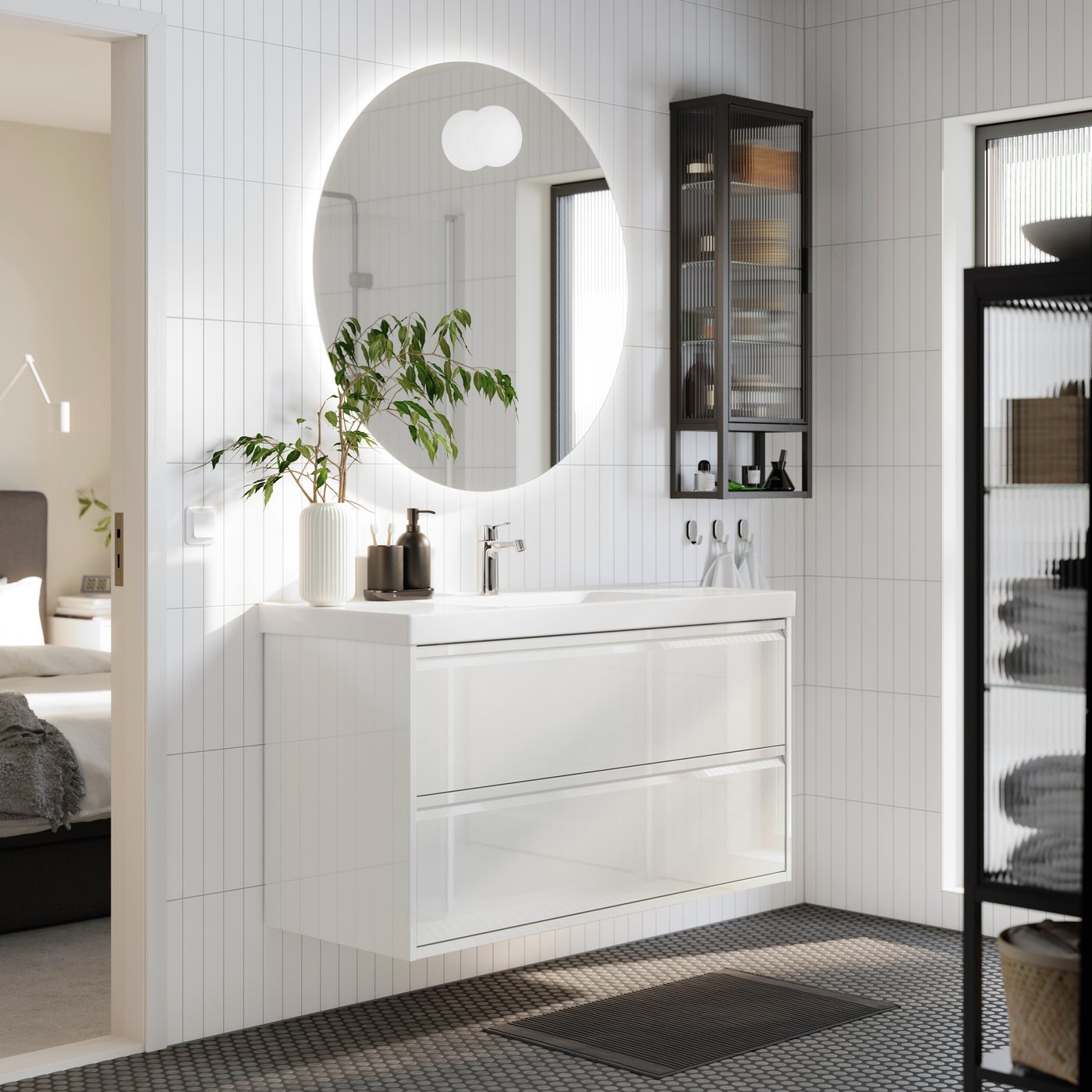 IKEA ÄNGSJÖN / ORRSJÖN kommod m lådor/tvättställ/kran, högglans vit, 122x49x69 cm