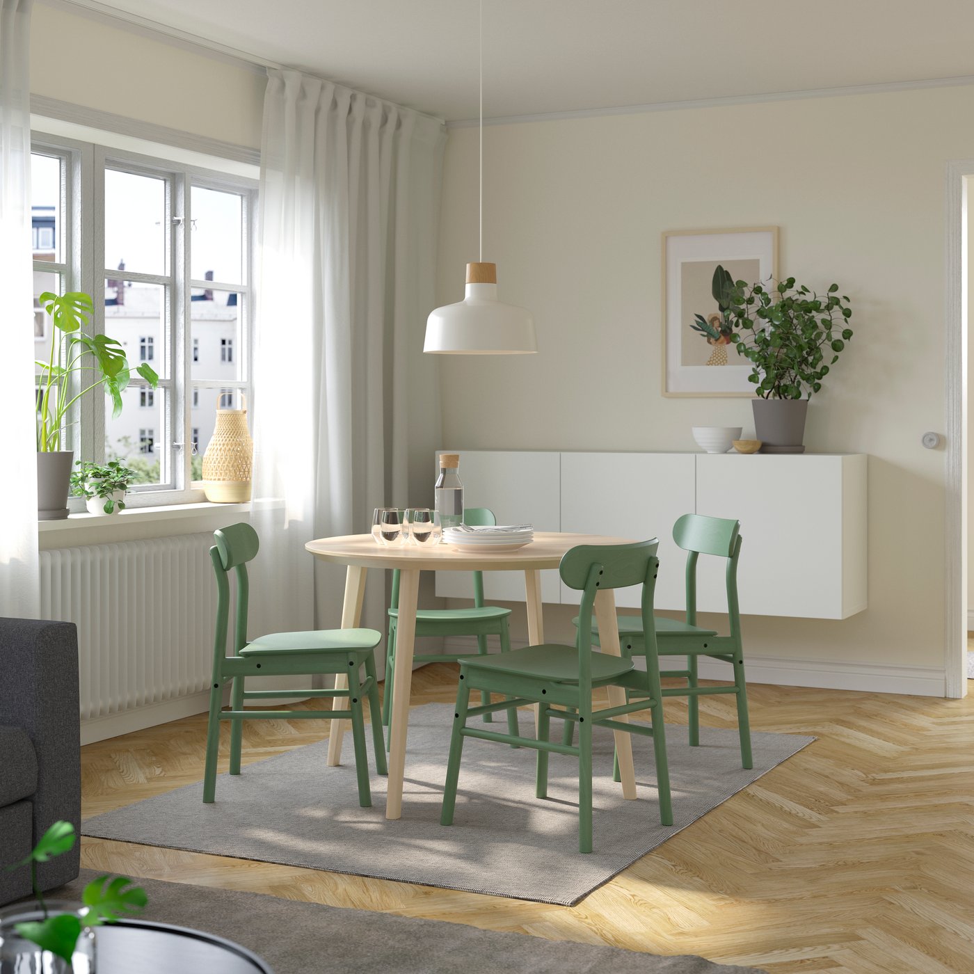 IKEA LISABO / RÖNNINGE bord och 4 stolar, askfaner/grön, 105 cm