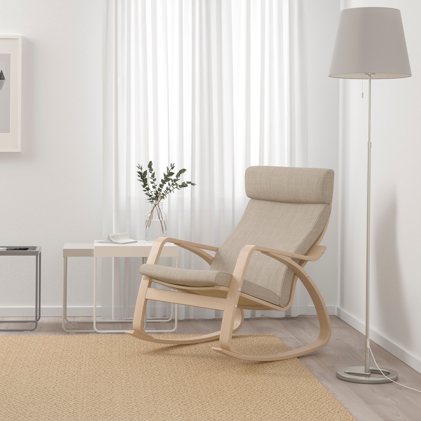 IKEA POÄNG gungstol, vitlaserad ekfaner/hillared beige