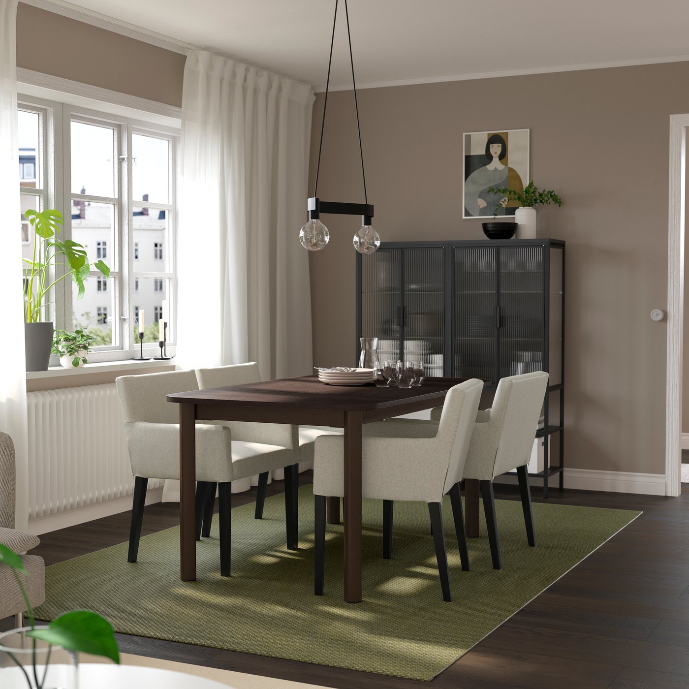 IKEA STRANDTORP / MÅRENÄS bord och 4 stolar, brun/gunnared beige svart, 150/205/260 cm