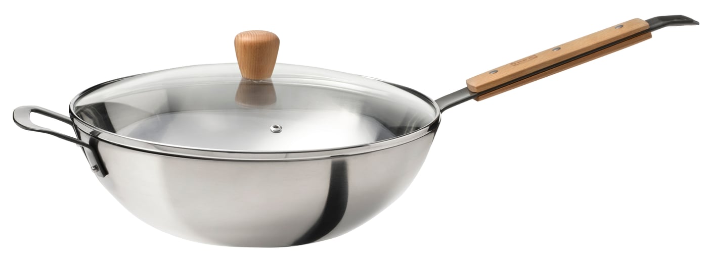IKEA VARDAGEN wok med lock, glas/kolstål bok, 32 cm