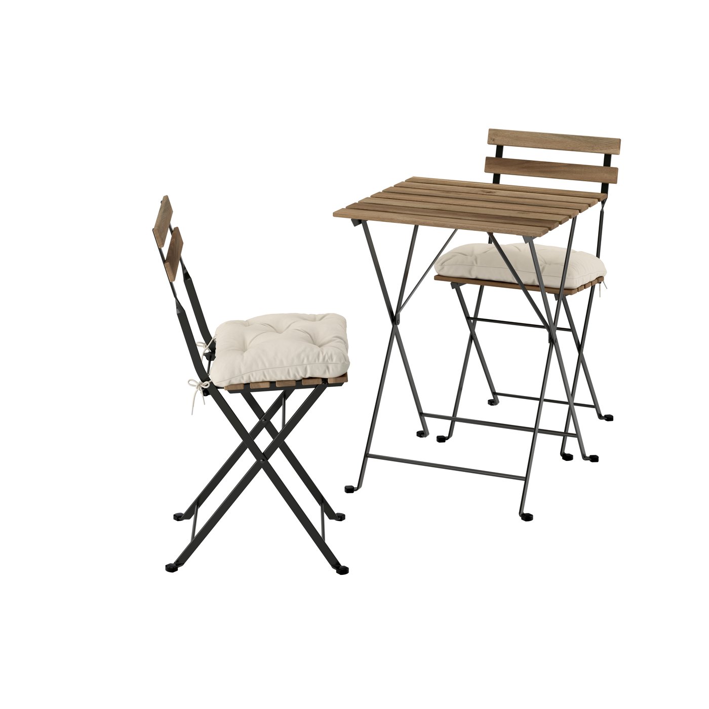 IKEA TÄRNÖ bord+2 stolar, utomhus, tärnö svart/ljusbrunlaserad fällbart/fällbart kuddarna ljust gråbeige, 55x54 cm