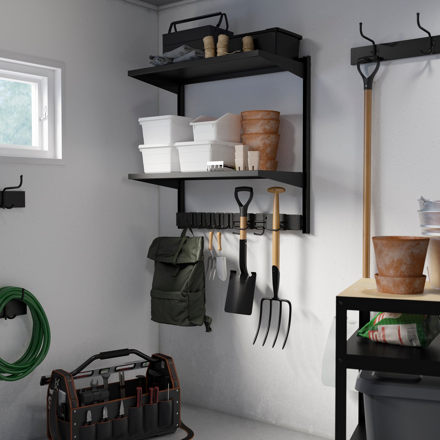 IKEA BROR vägghyllekombination, med krokar/2 hyllor/svart, 88x45x90 cm