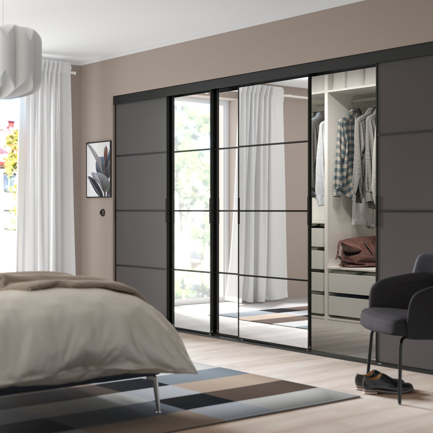 IKEA SKYTTA / MEHAMN/AULI skjutdörrskombination, svart/mörkgrå spegelglas, 376x205 cm