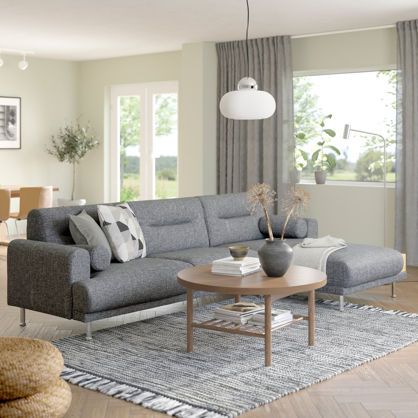IKEA LÅNGARYD 3-sitssoffa med schäslong, höger, lejde grå/svart/metall