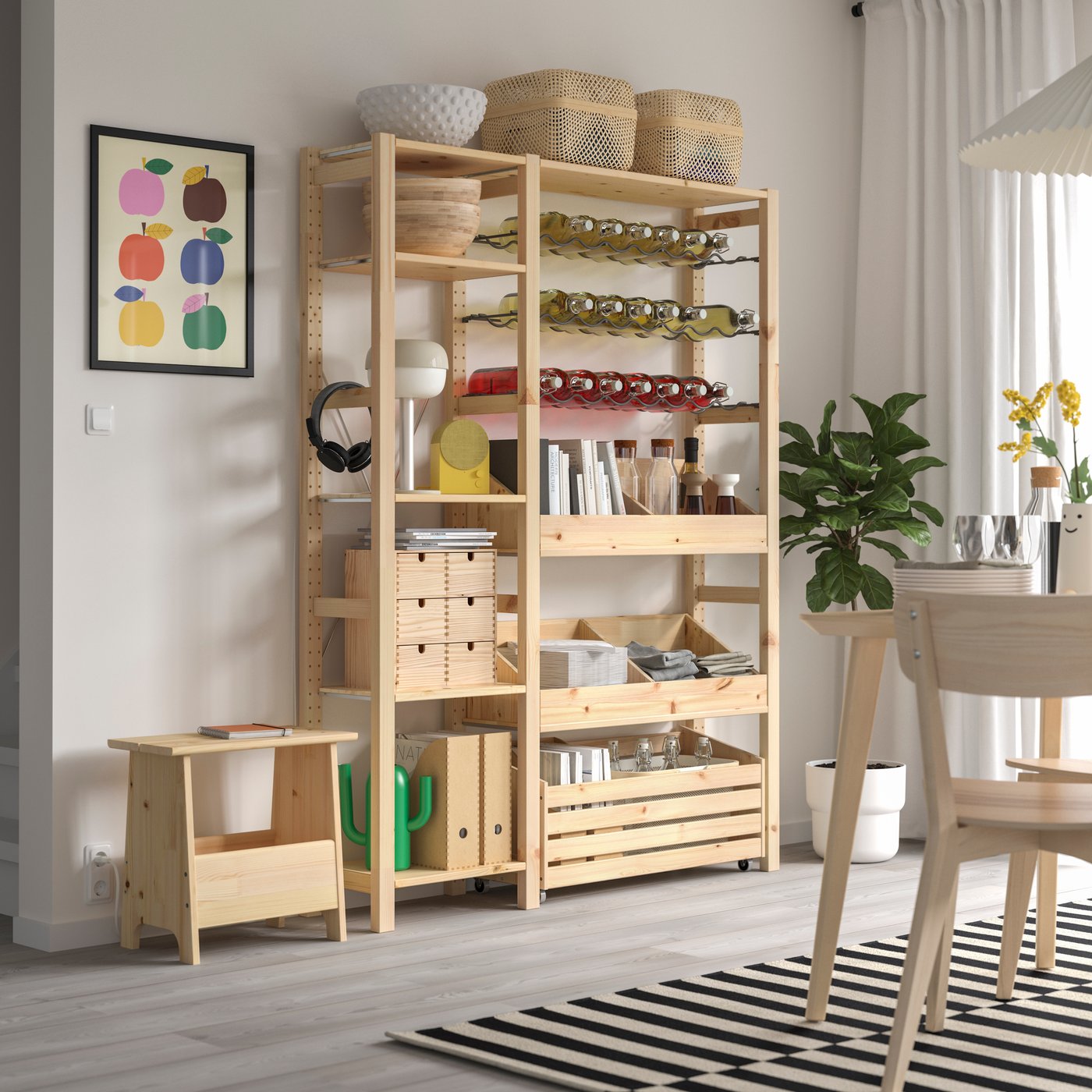 IKEA IVAR hyllkombination, med flaskställ 2 lådhyllplan/furu, 134x30x179 cm