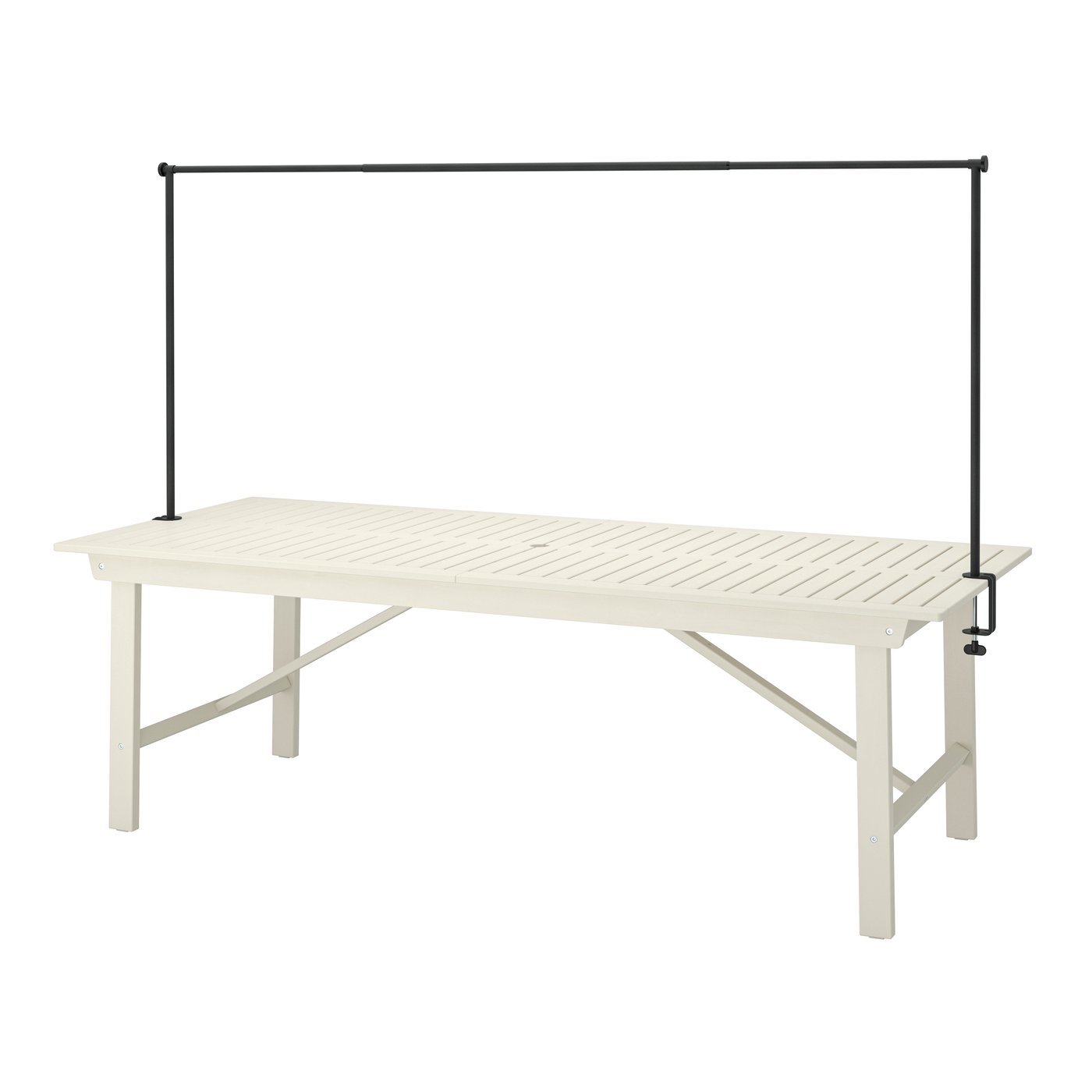 IKEA BONDHOLMEN / HELGEÖ utebord med dekorationsstång, utomhus vit/beige/svart, 235 cm, bord med dekorationsstång