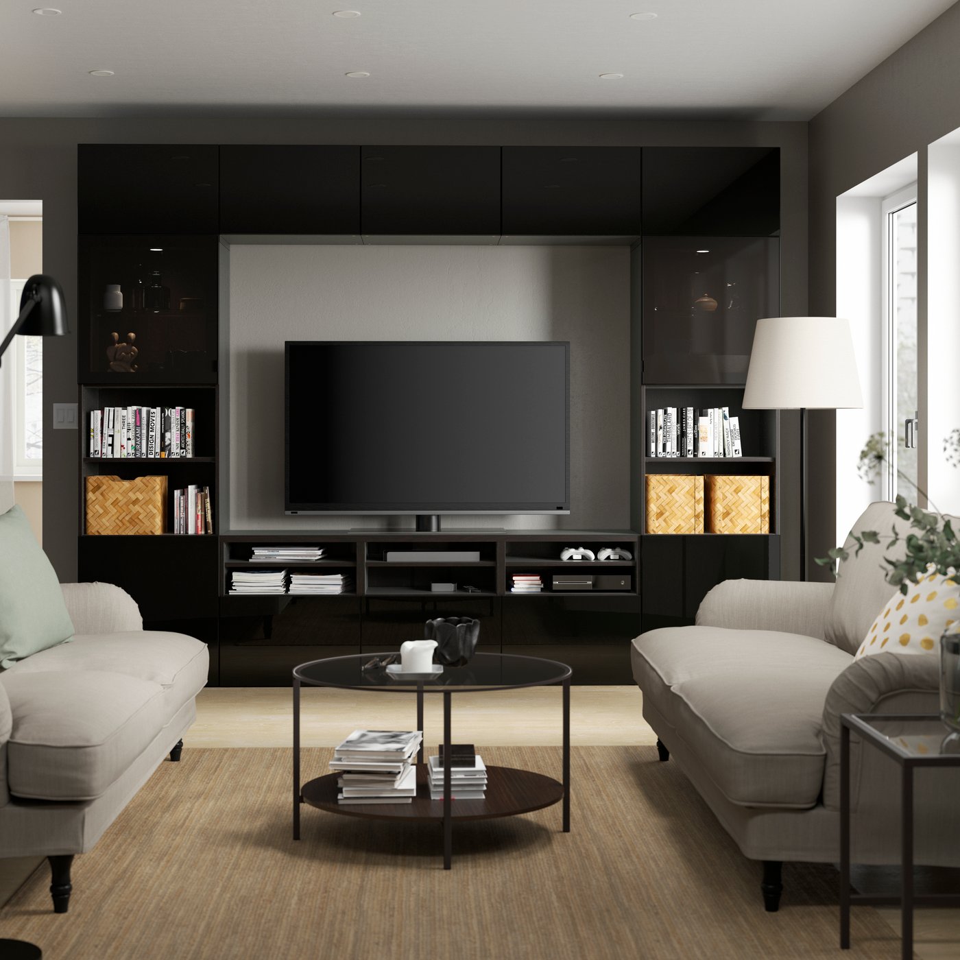 IKEA BESTÅ tv-förvaring kombination/glasdörrar, svartbrun/selsviken högglans/svart rökfärgat glas, 300x42x231 cm
