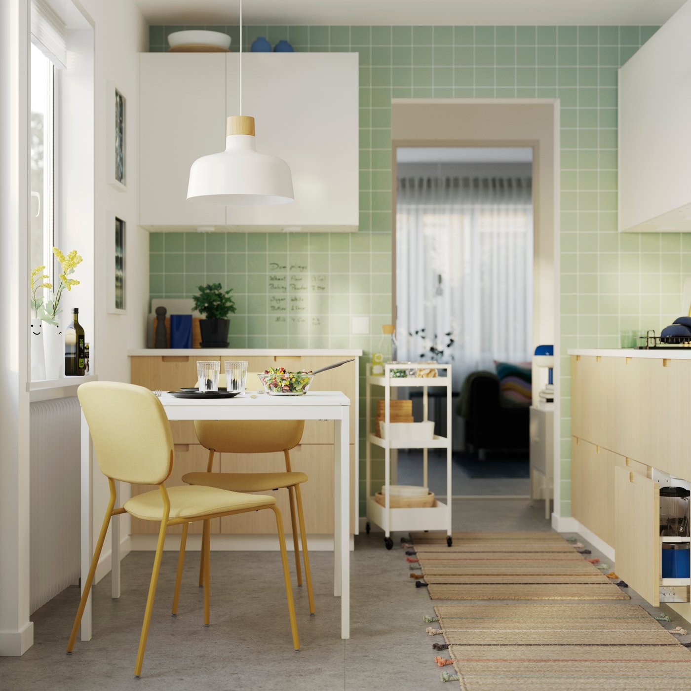 IKEA VIHALS / bord och 2 stolar, vit/gul tibbleby gul, 84/120x74 cm