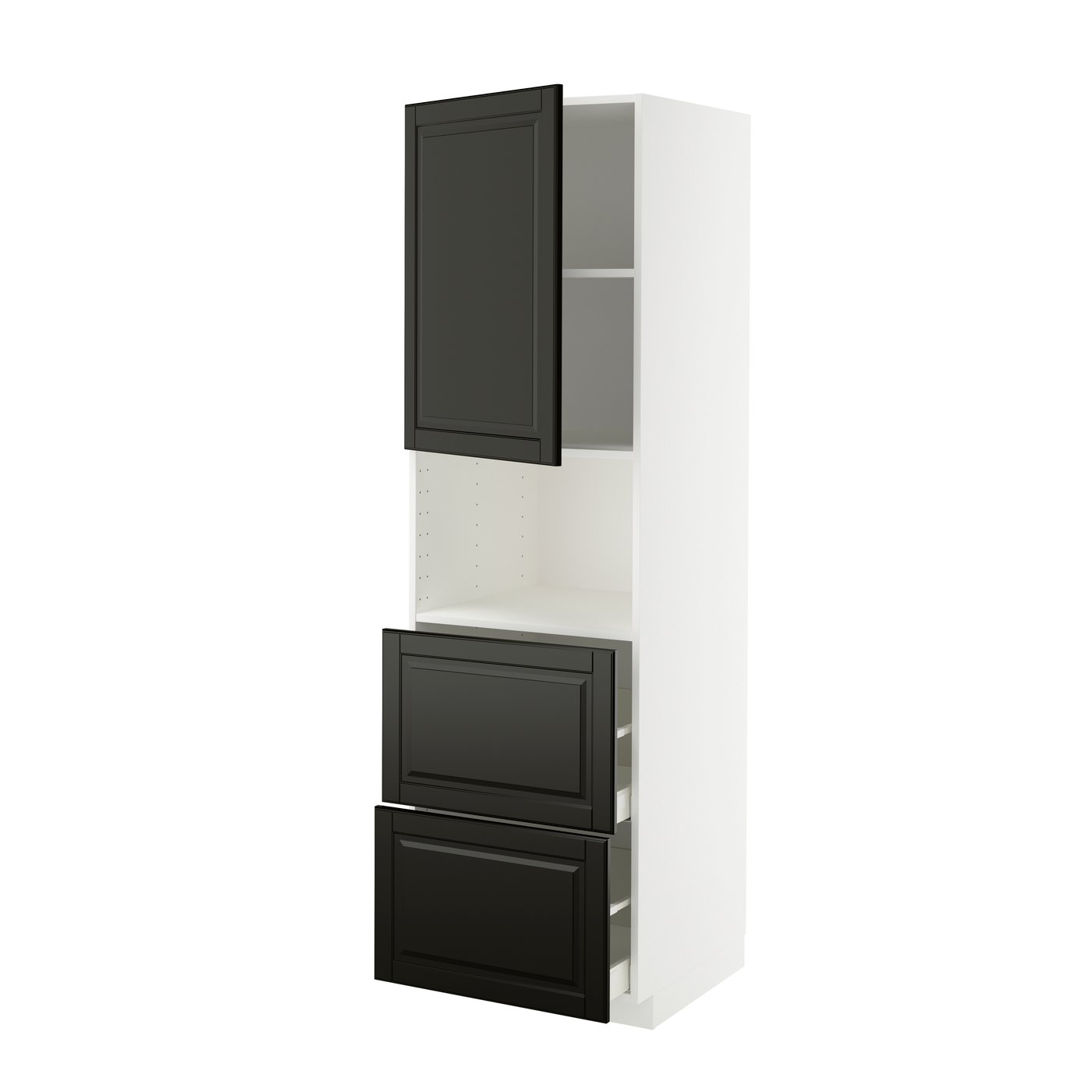 IKEA METOD / MAXIMERA högskåp f mikro m dörr/2 lådor, vit/bodbyn svart, 60x60x200 cm