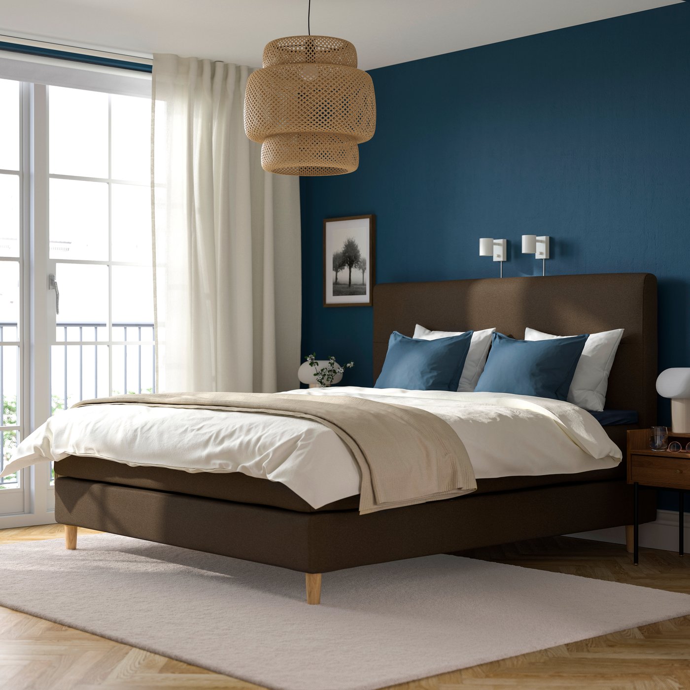 IKEA HEMFJÄLLET kontinentalsäng, valevåg fast/nordberget tonerud mörk gråbrun, 180x200 cm