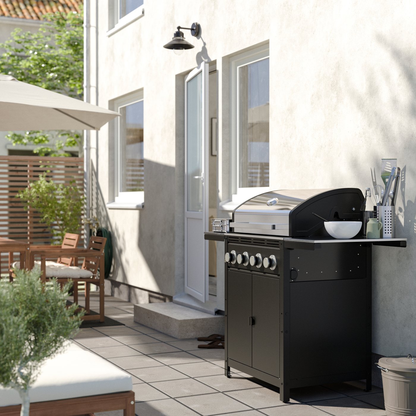 IKEA GRILLSKÄR gasgrill med 2 sidobord, rostfritt stål/utomhus, 85/109/133x61 cm