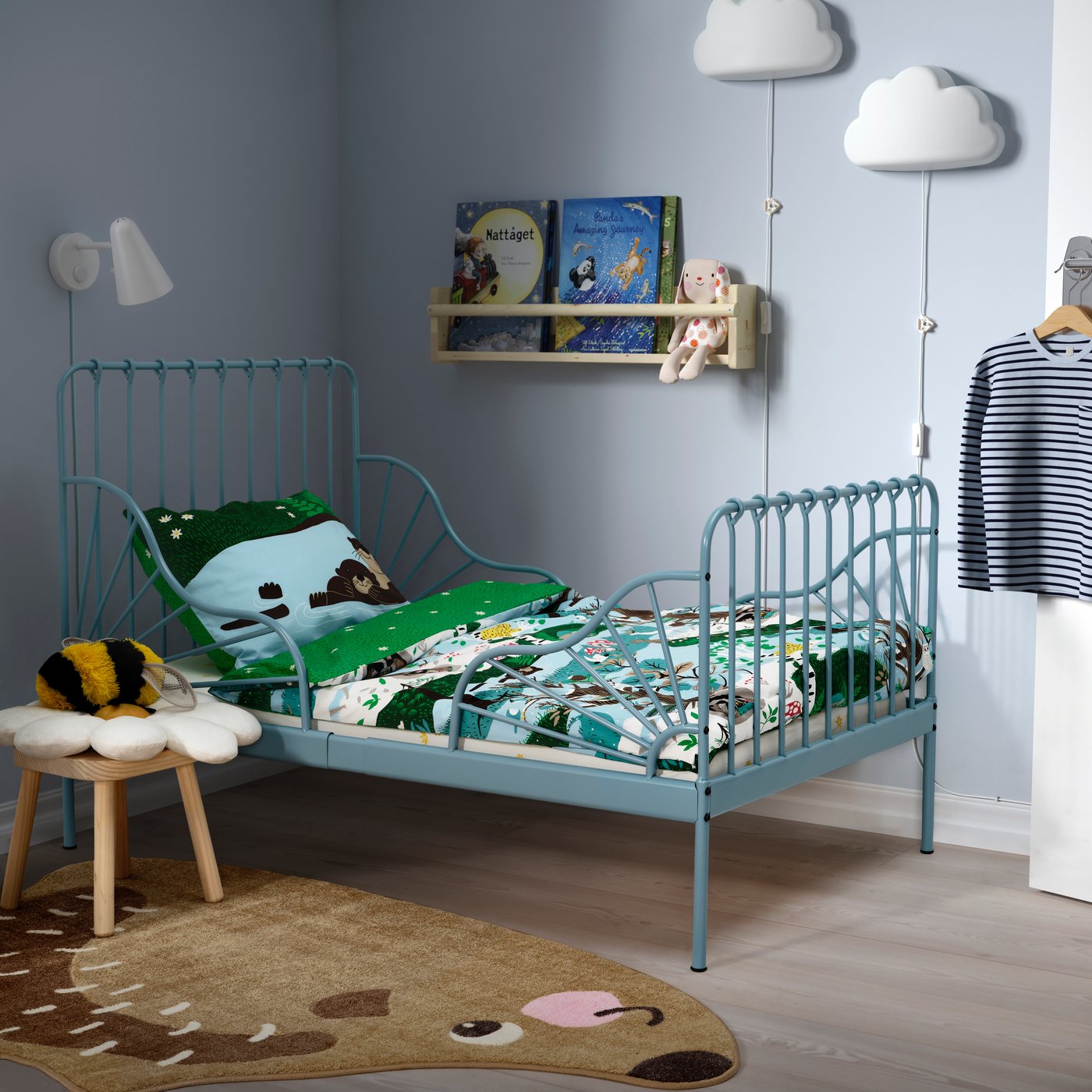 IKEA MINNEN utdragbar sängstomme med ribbotten, gråblå, 80x200 cm, sängstomme
