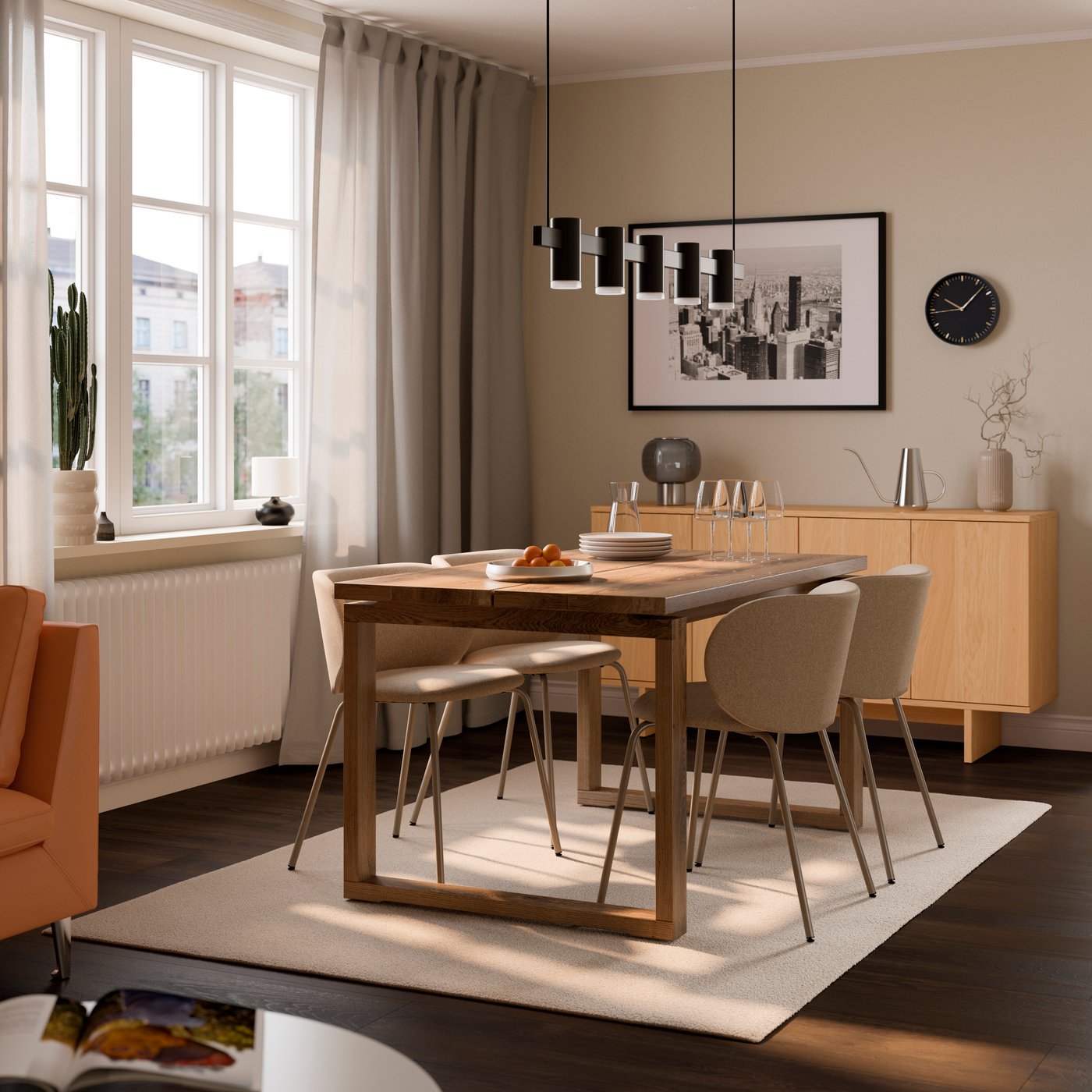 IKEA MÖRBYLÅNGA / KRYLBO bord och 4 stolar, ekfaner brunlaserad/tonerud mörkbeige, 140x85 cm