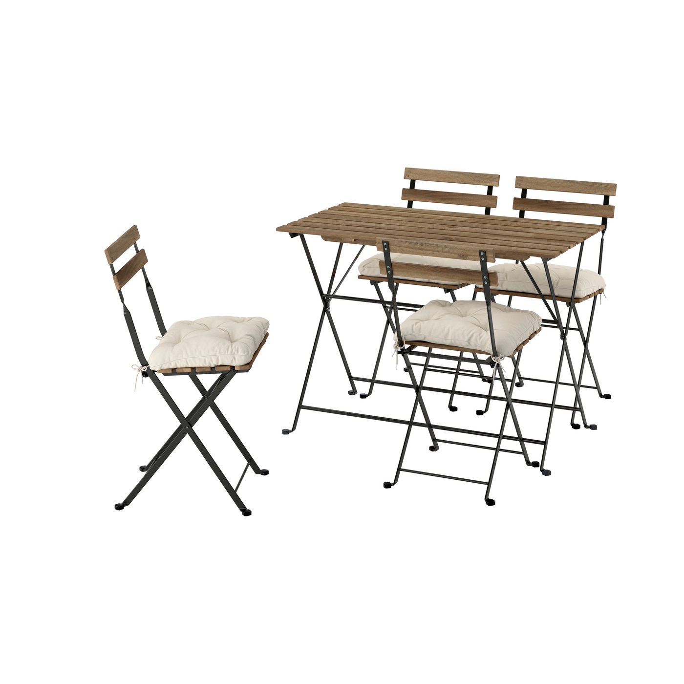 IKEA TÄRNÖ bord+4 stolar, utomhus, tärnö svart/ljusbrunlaserad fällbart/fällbart kuddarna ljust gråbeige, 100x54 cm
