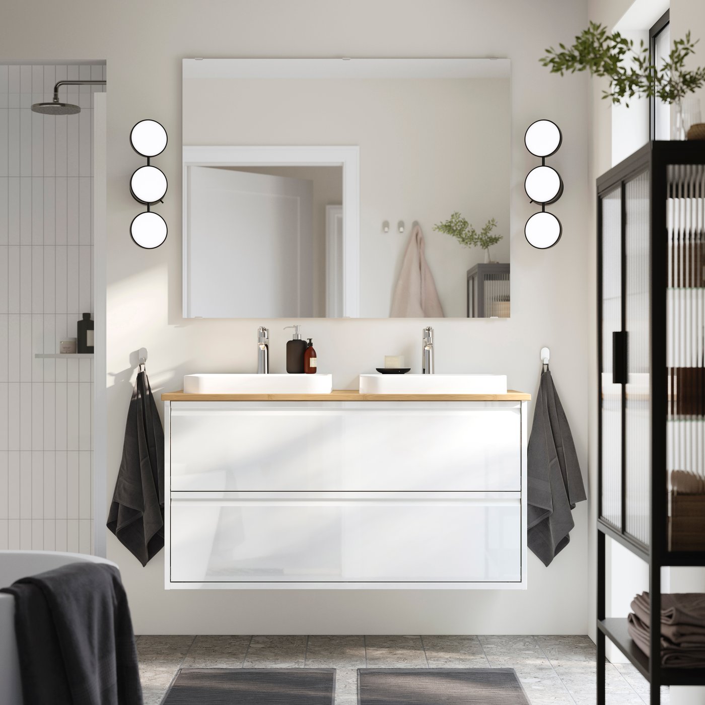 IKEA ÄNGSJÖN / BACKSJÖN kommod m lådor/tvättställ/kranar, högglans vit, vit/bambu, 122x49x71 cm
