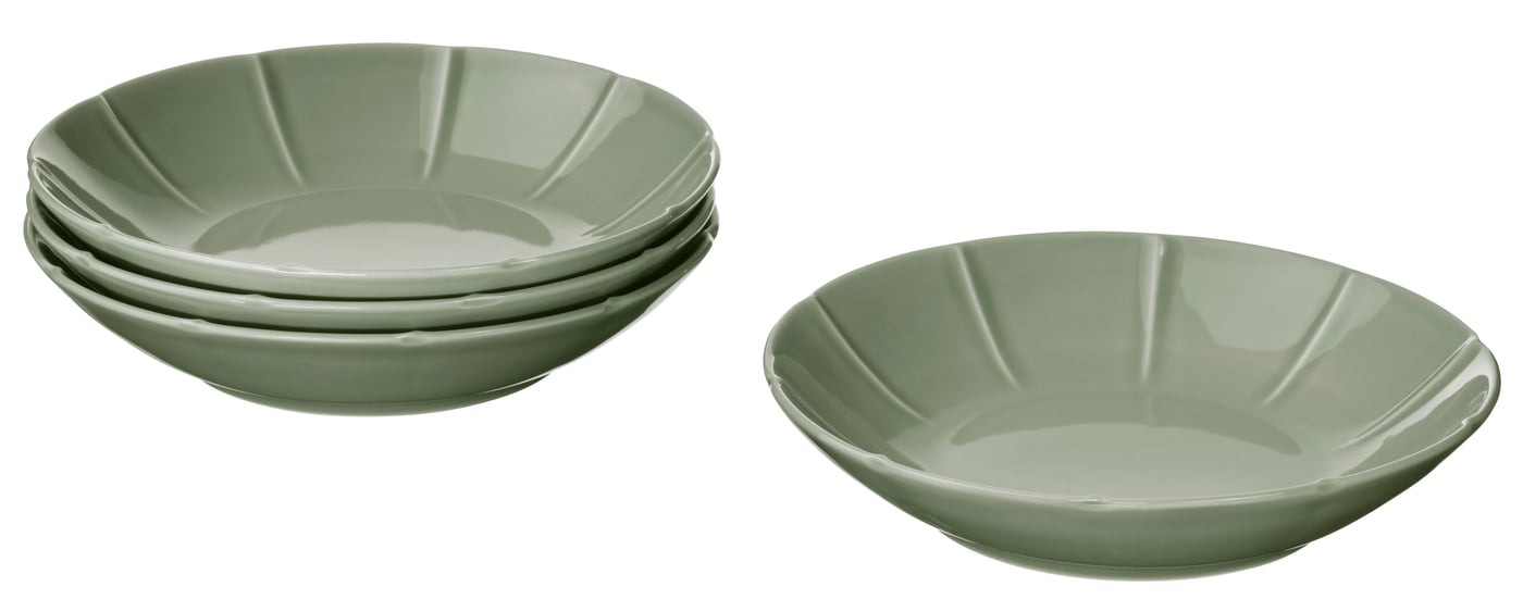 IKEA STRIMMIG djup tallrik, stengods blek grågrön, 23 cm