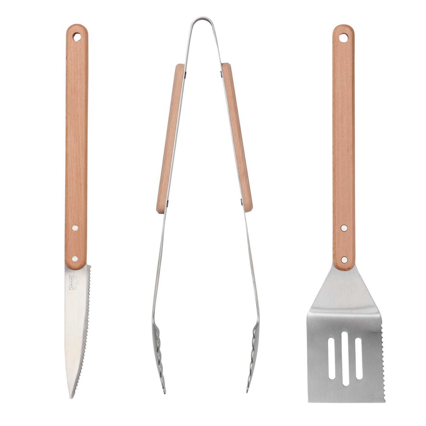 IKEA GRILLTIDER grillredskap, 3 delar, rostfritt stål/bok