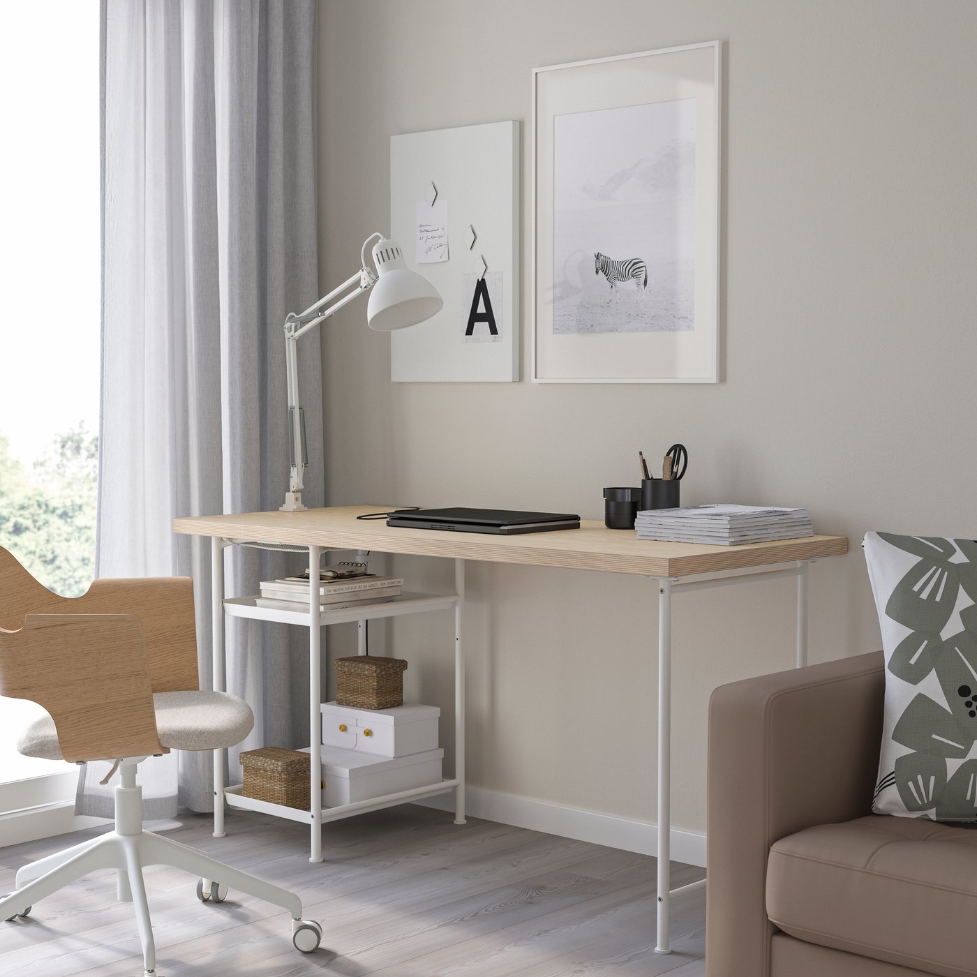IKEA MITTCIRKEL / SPÄND skrivbord, livligt furumönster/vit, 140x60 cm