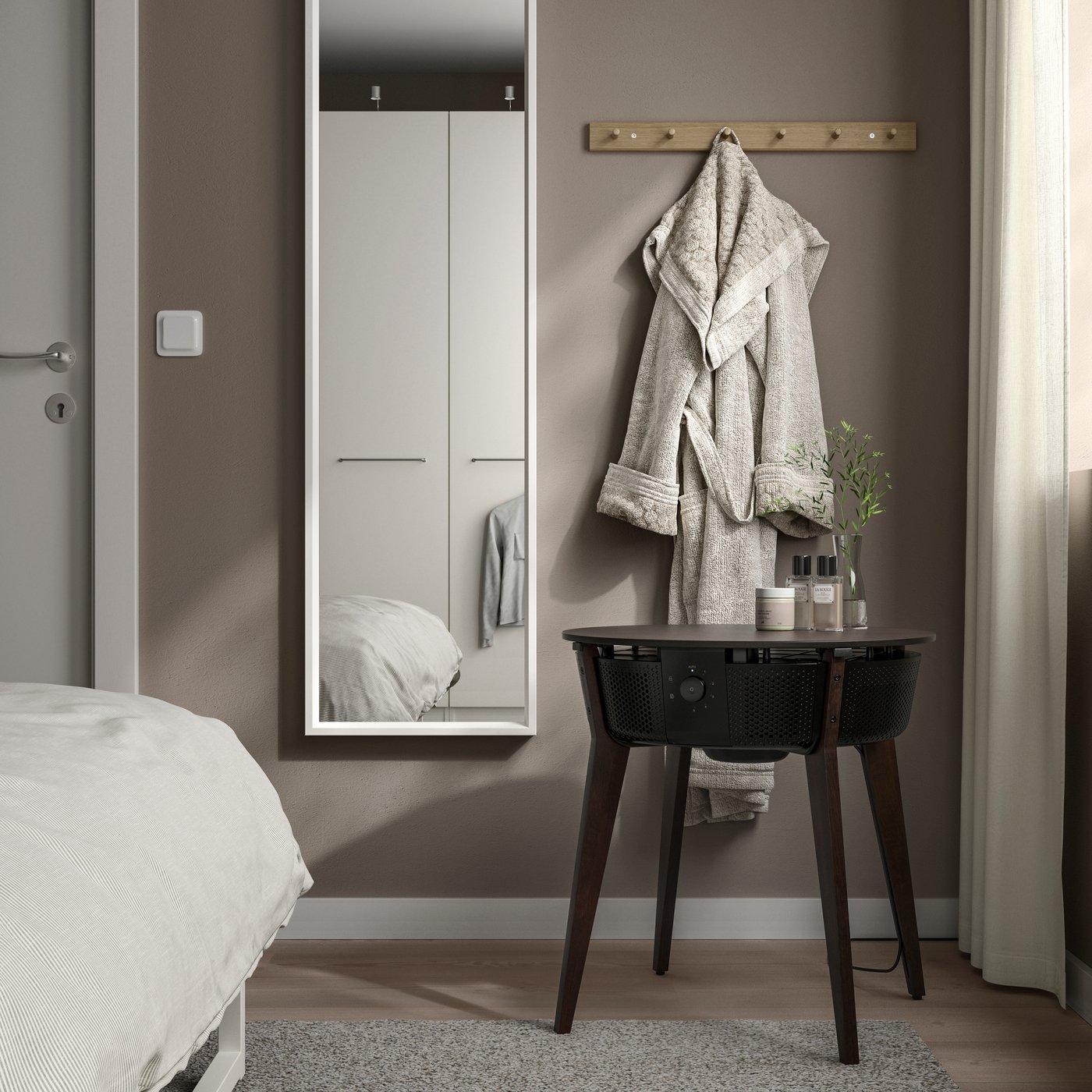 IKEA STARKVIND bord med luftrenare, extra gasfilter betsad ekfaner/mörkbrun