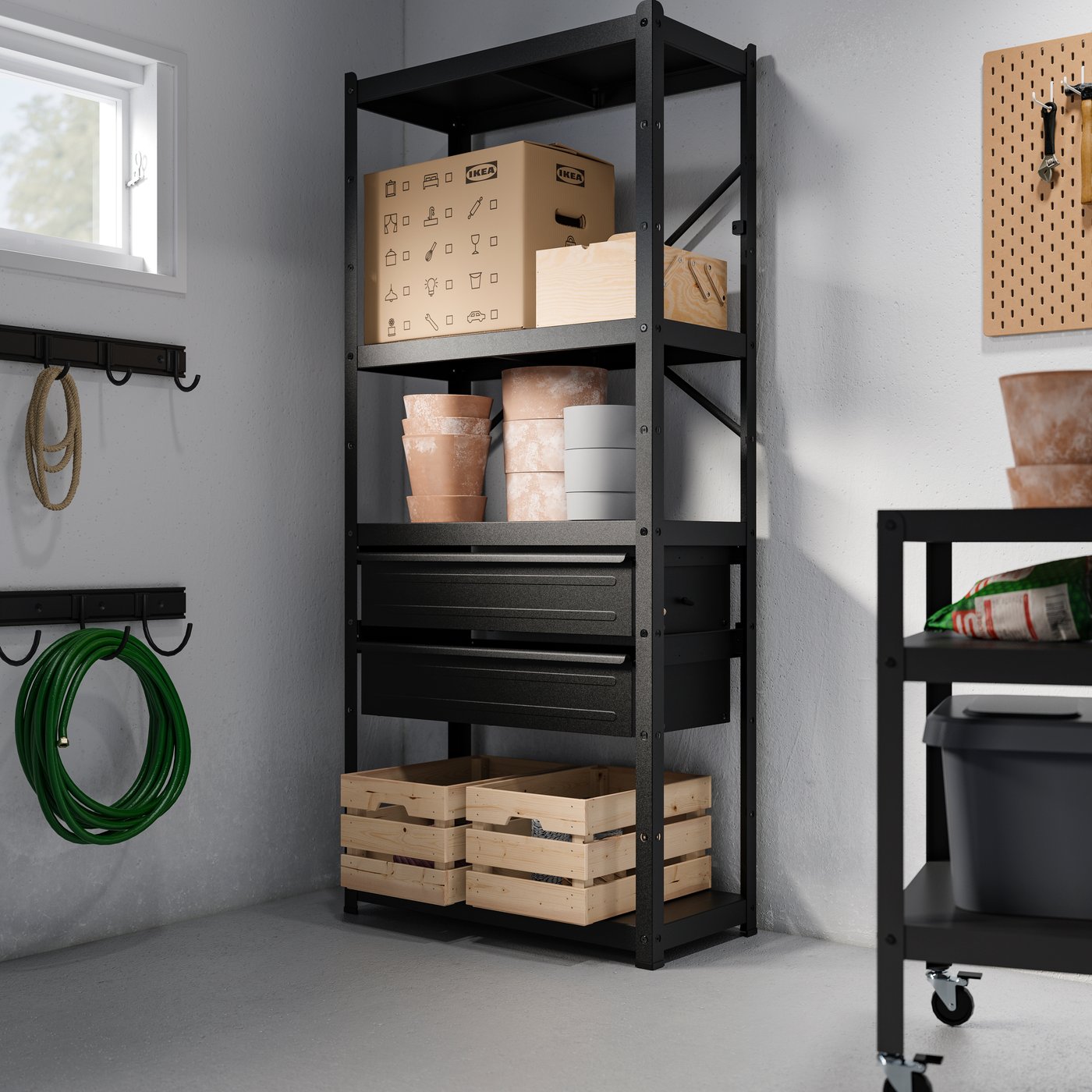 IKEA BROR hylla med lådor/hyllplan, svart, 85x40x190 cm