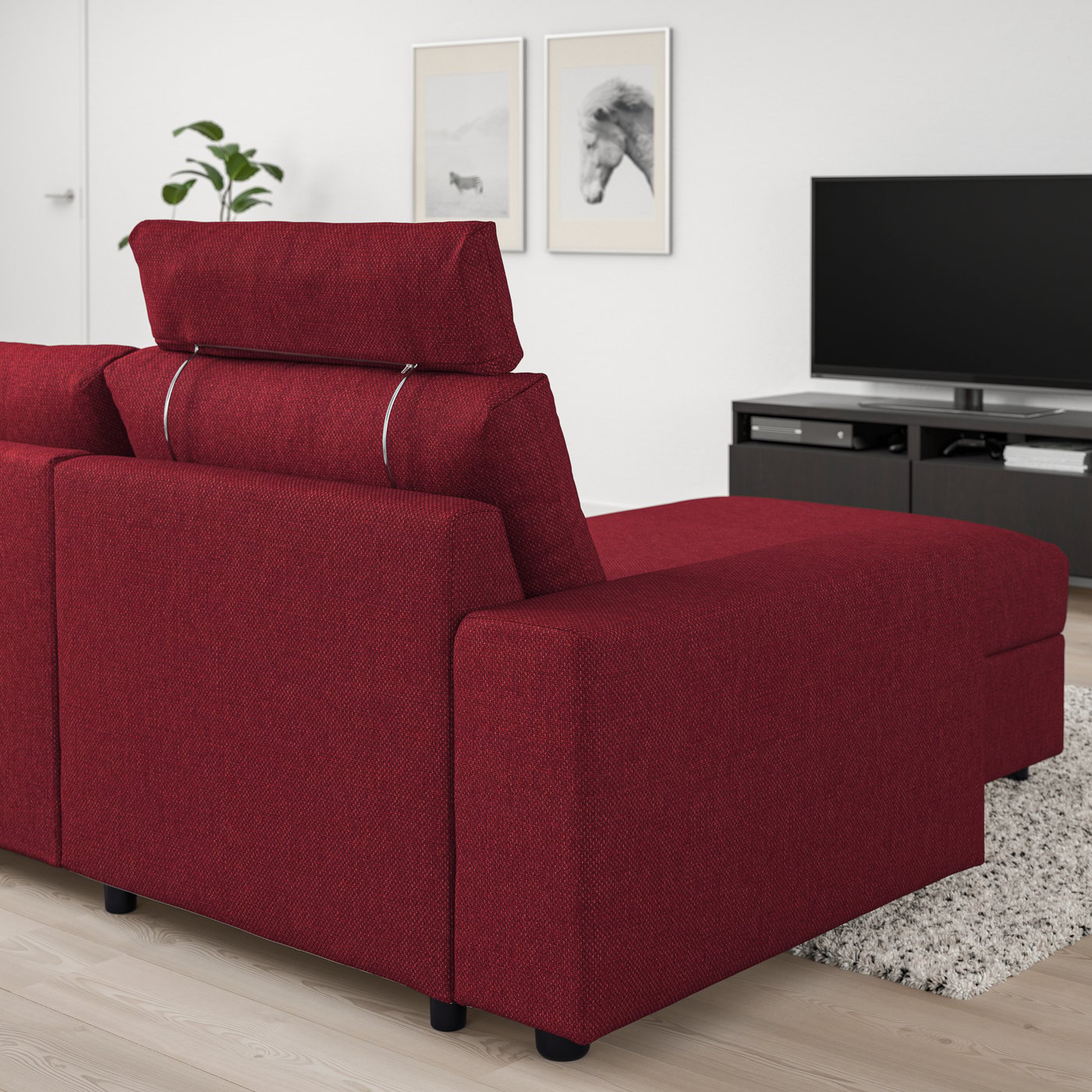 IKEA VIMLE 3-sitssoffa med schäslong, breda armstöd nackkudde/lejde röd/brun