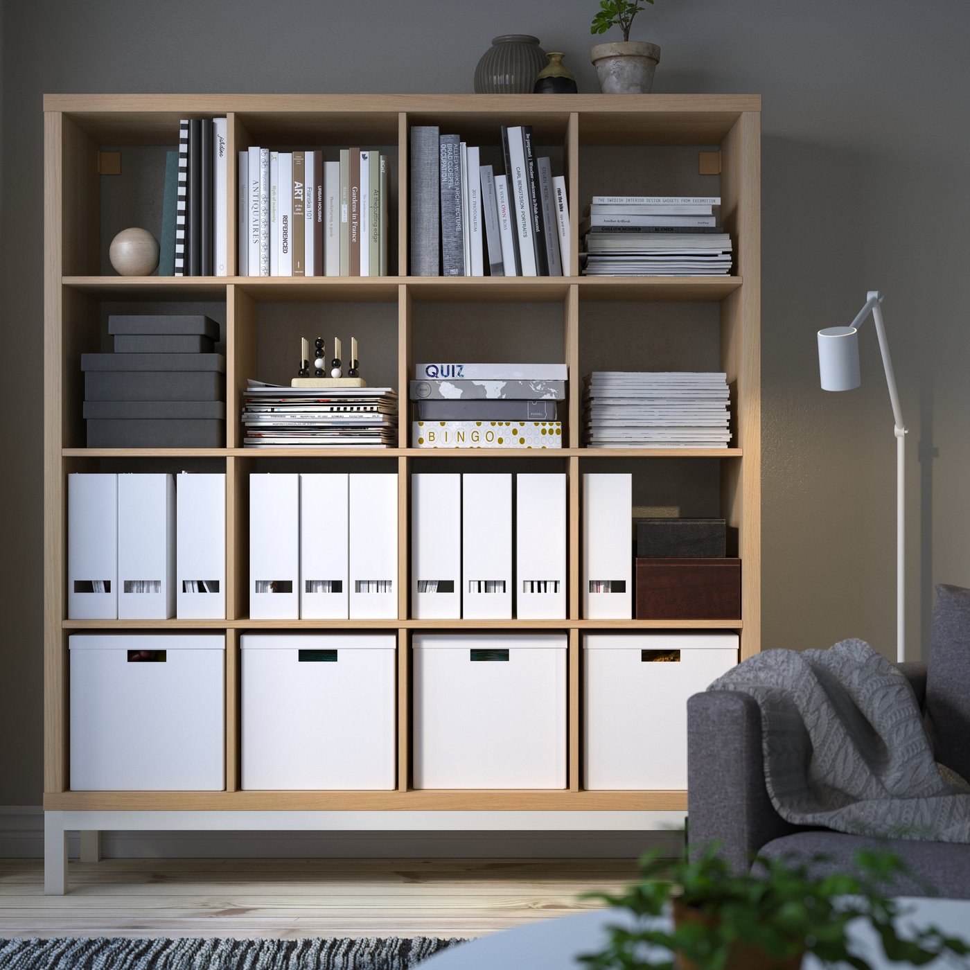 IKEA KALLAX hylla med underrede, vitlaserad ekeffekt/vit, 147x164 cm