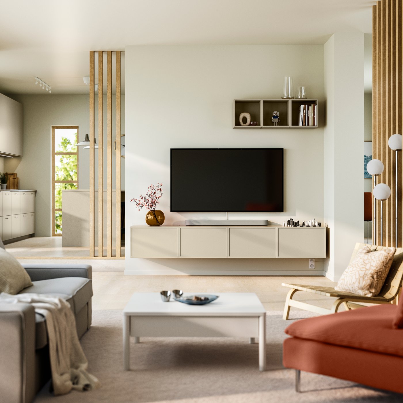 IKEA BESTÅ tv-bänk med dörrar, vitlaserad ekeffekt/krukmakare beige, 240x42x38 cm
