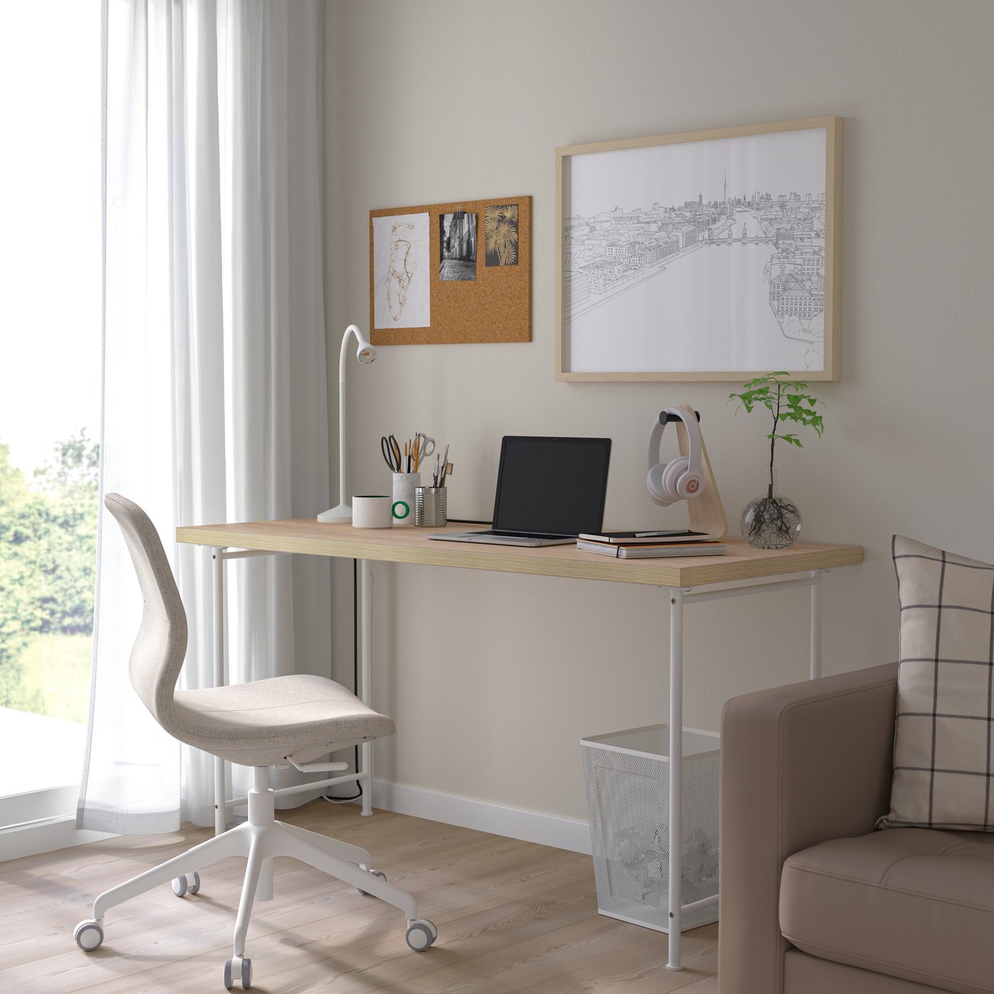 IKEA MITTCIRKEL / SPÄND skrivbord, livligt furumönster/vit, 140x60 cm