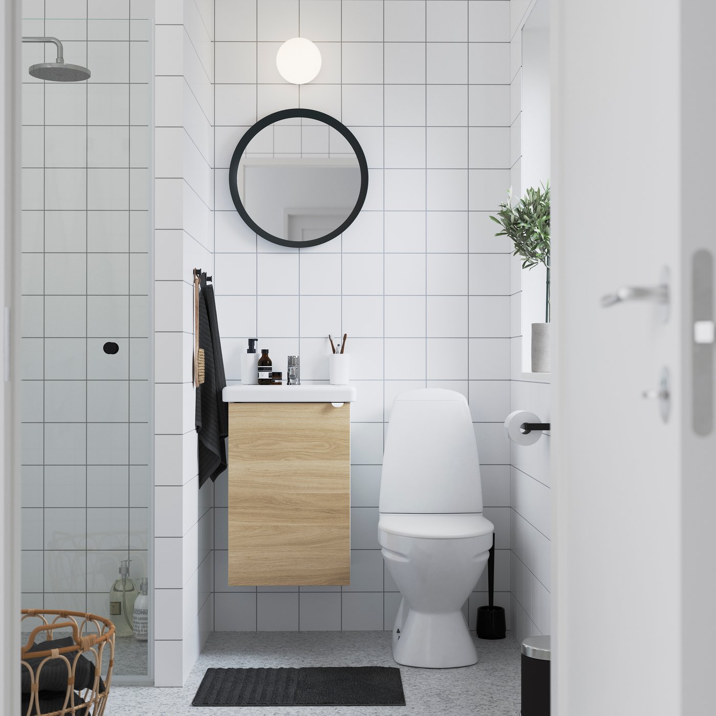 IKEA ENHET / TVÄLLEN kommod m dörr/tvättställ/kran, vit/ekmönstrad, 44x43x65 cm