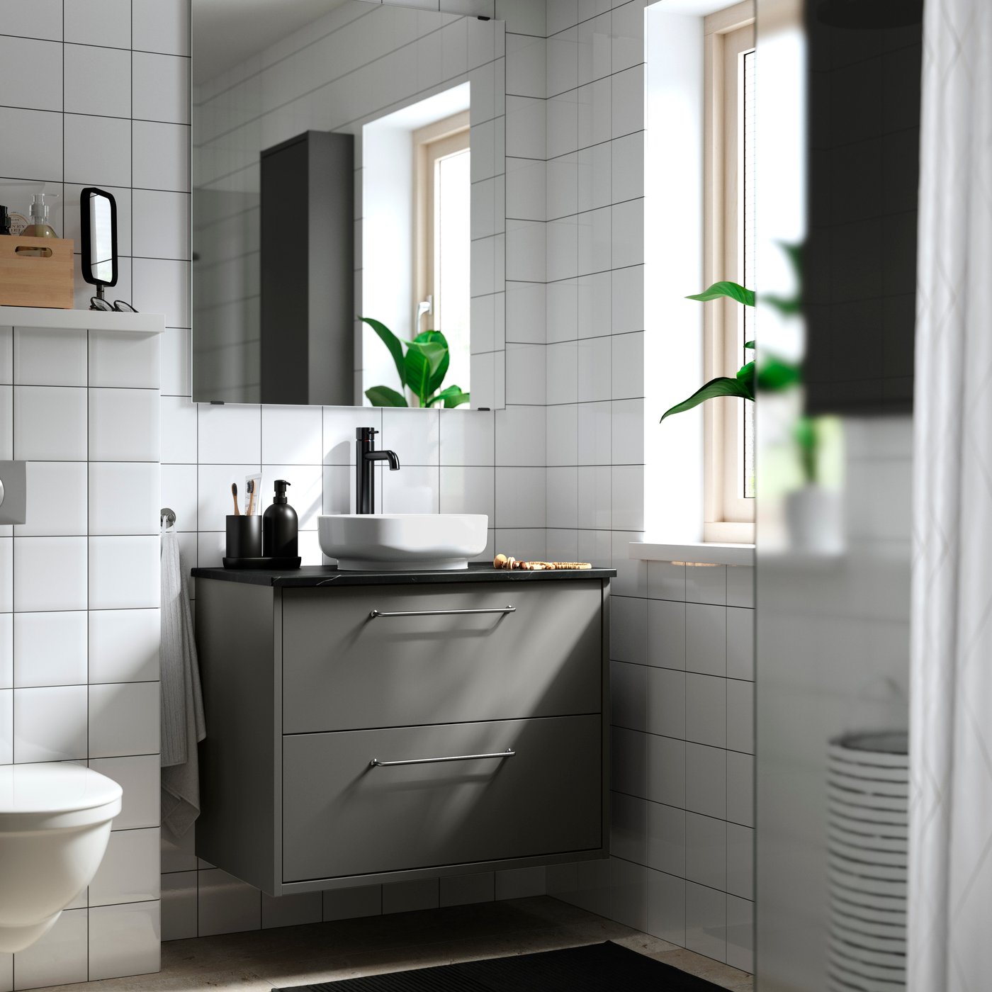 IKEA HAVBÄCK / VINDELÄLVEN kommod m lådor/tvättställ, mörkgrå, mörkgrå/svart marmormönstrad, 82x49x77 cm